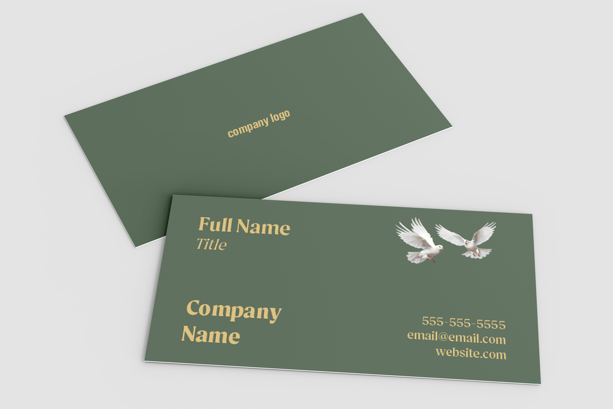 Two dark green business cards with gold text and a white dove illustration, shown on a light gray background.