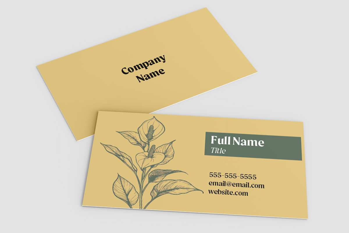 Two tan business cards with a dark green accent block and black botanical line art, shown on a light gray background. One card is angled behind the other, displaying placeholder text such as Company Name, Full Name, Title, phone number, email, and website.