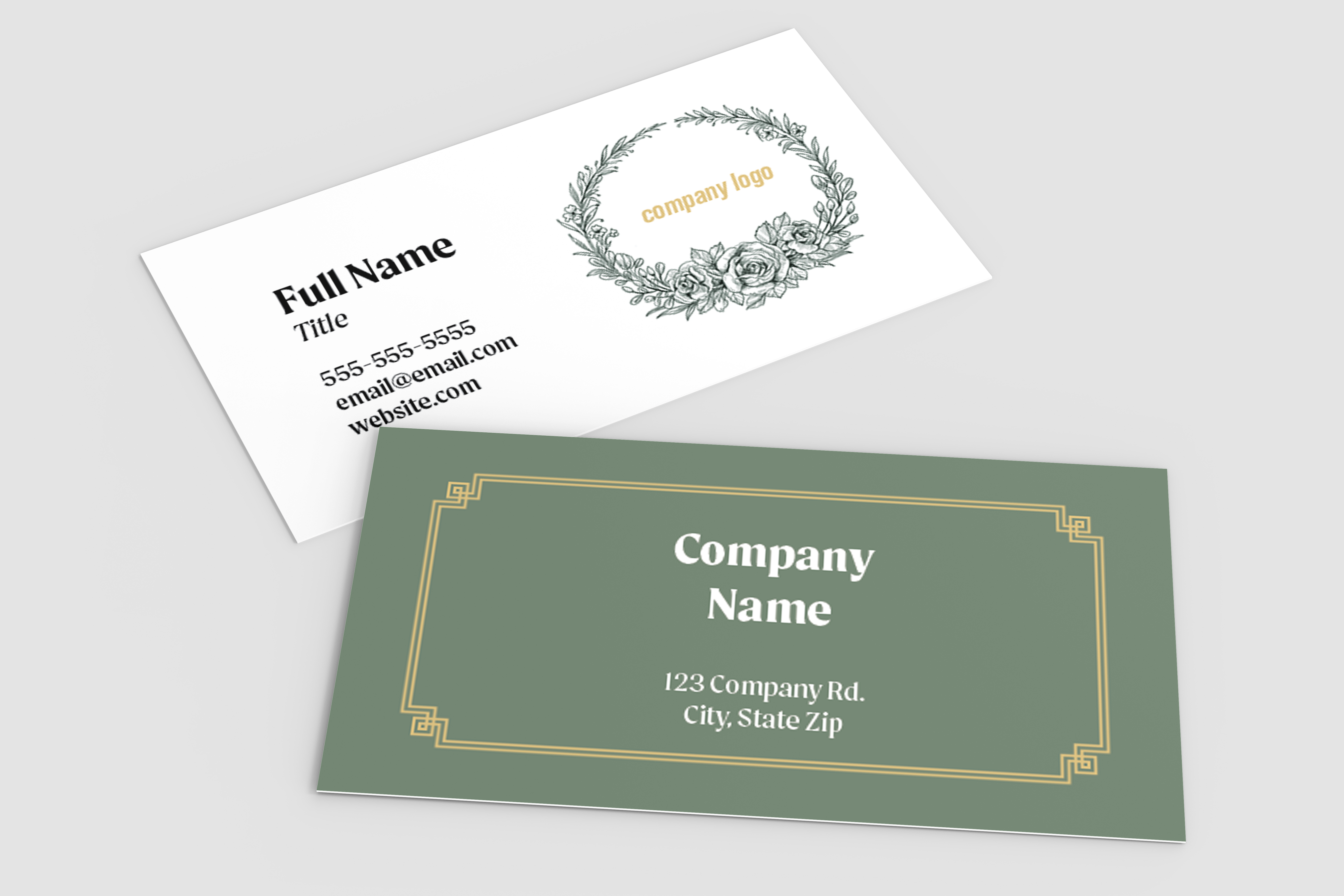 Two business cards shown on a light gray background: one white card with black text and a gray floral wreath logo, and one muted green card with a gold decorative border and placeholder company text.