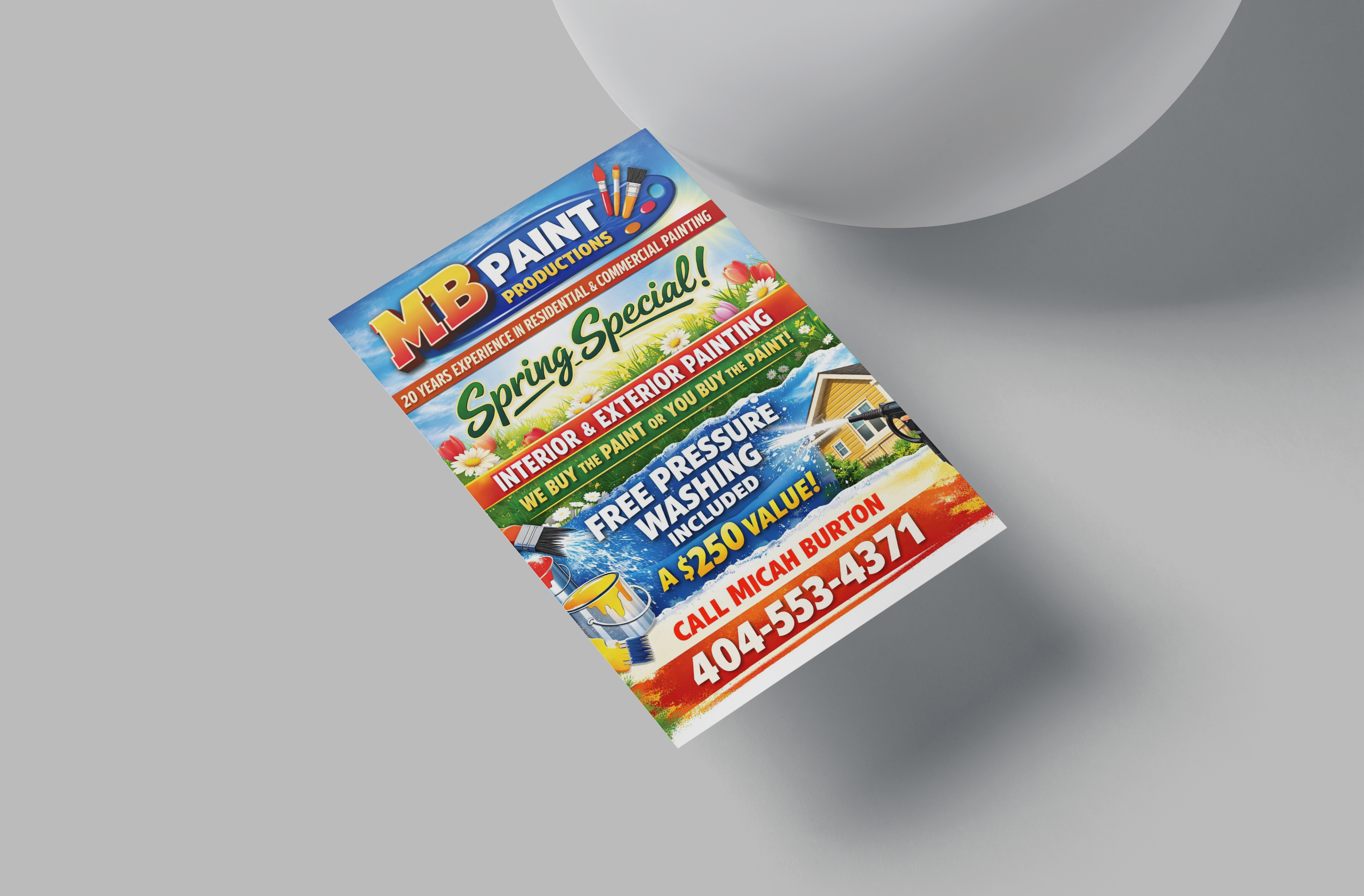 Colorful MB Paint flyer on a gray background