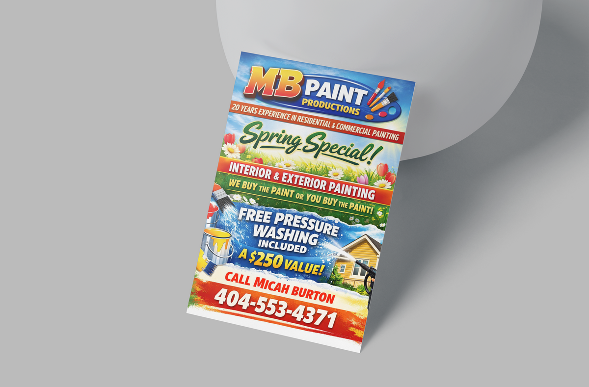 Colorful flyer for MB Paint Productions with contact information on a gray background