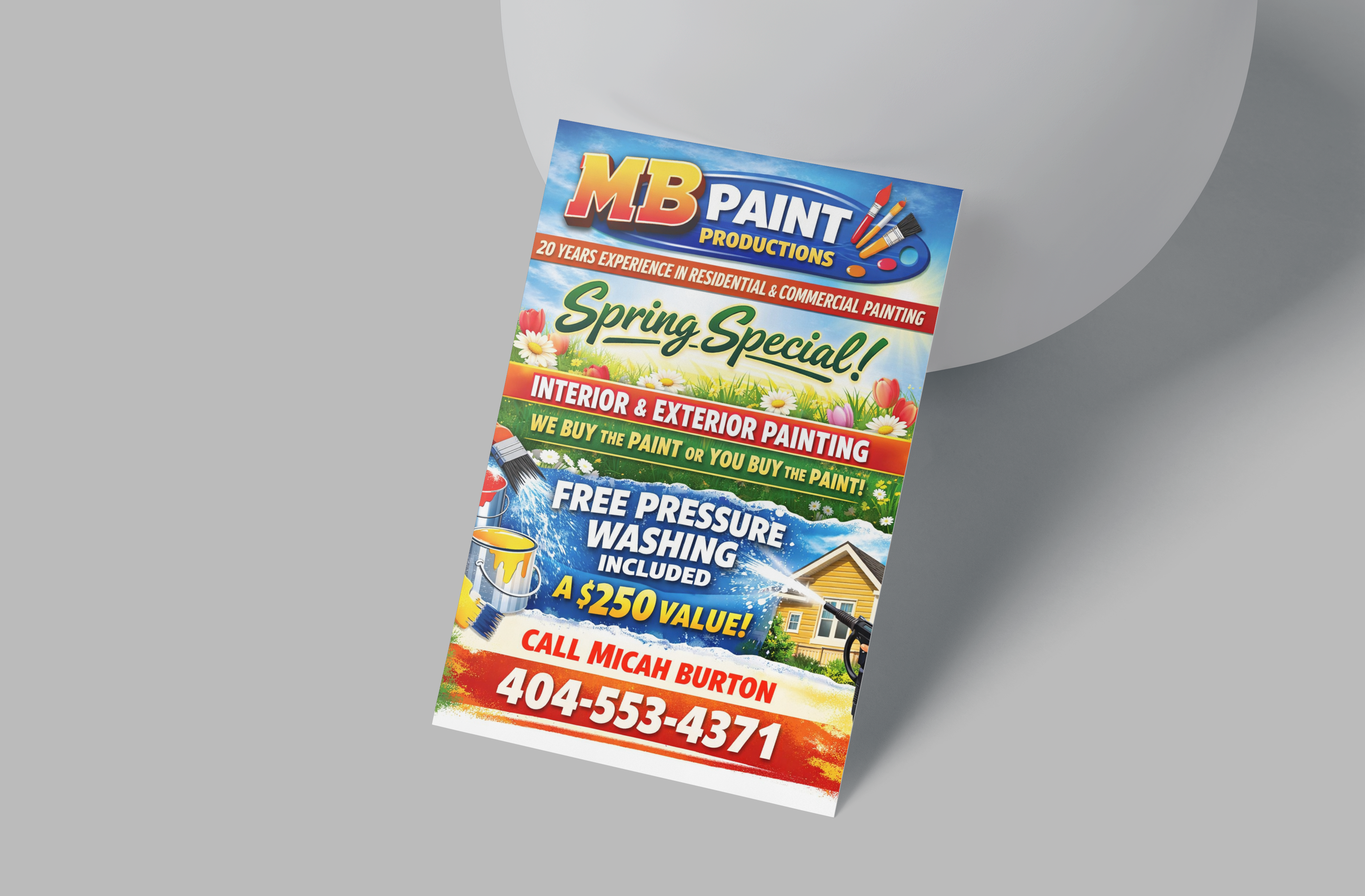 Colorful flyer for MB Paint Productions with contact information on a gray background