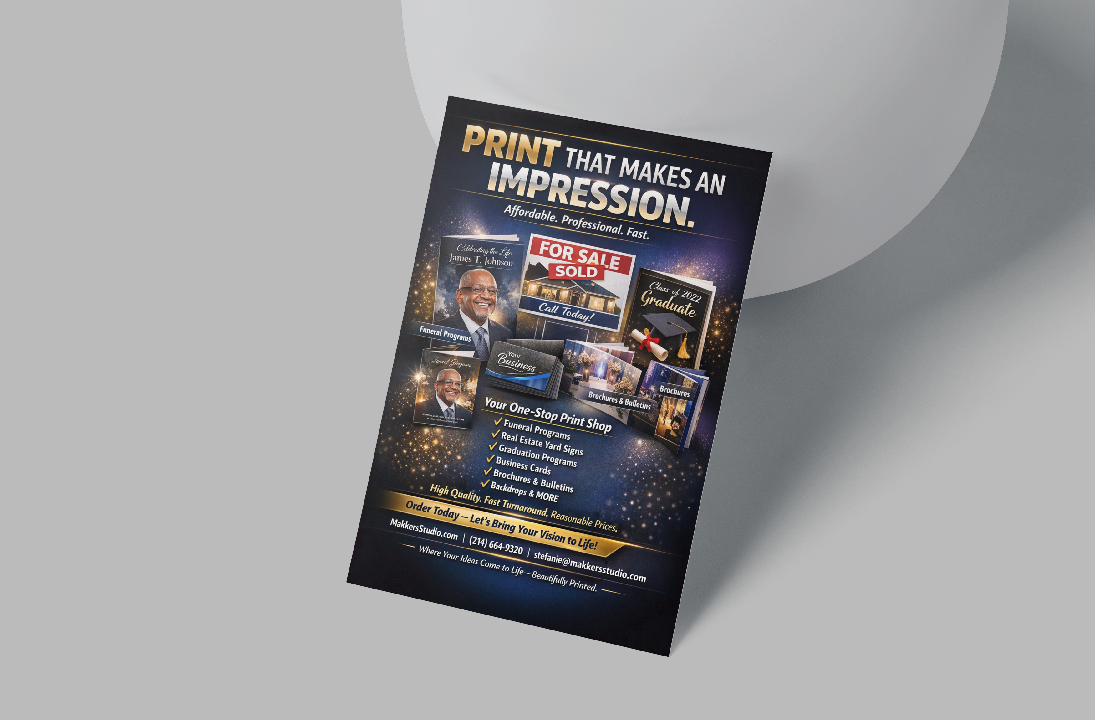 Promotional flyer for printing services on a gray background