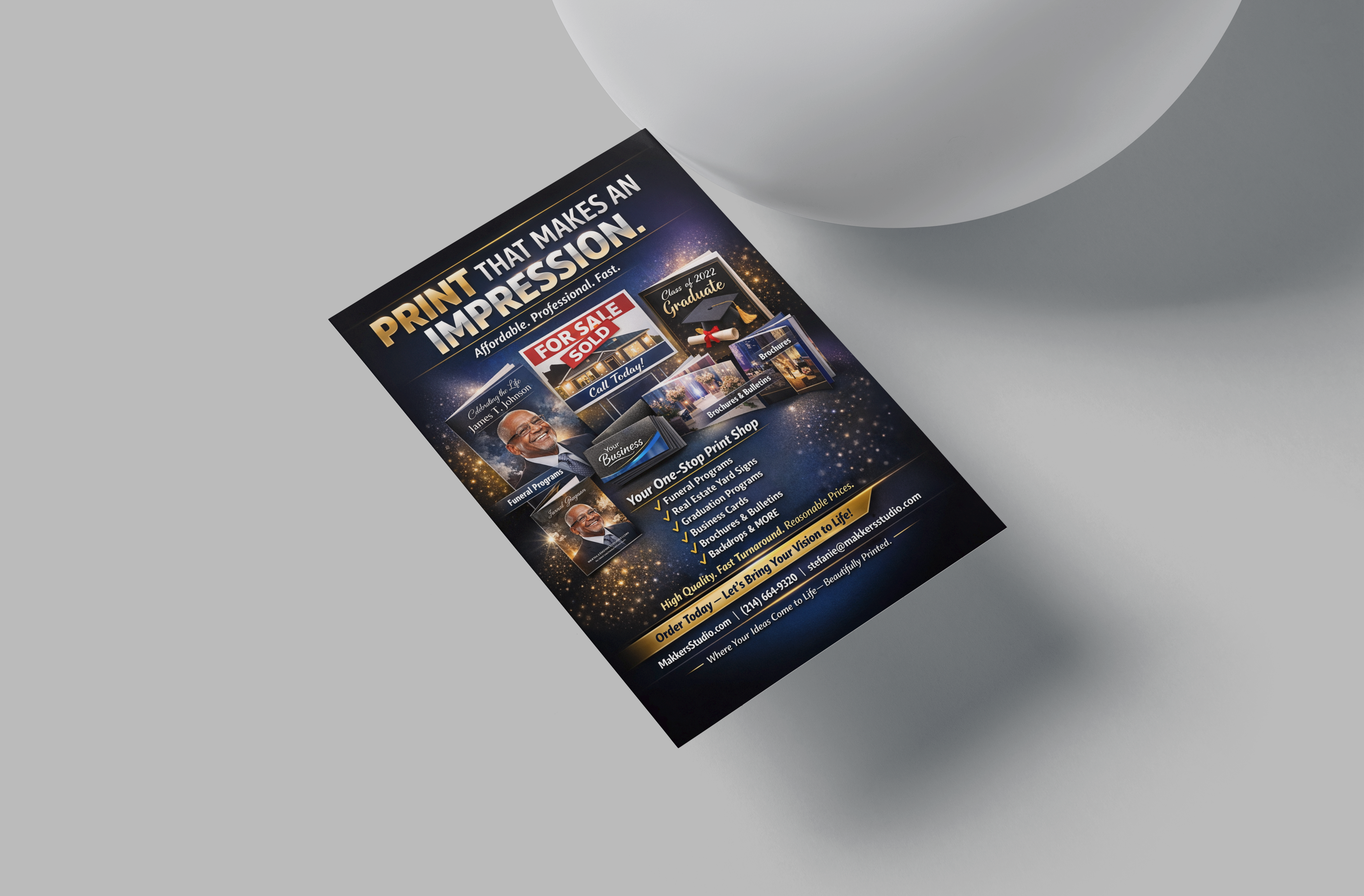 Promotional flyer for print services on a gray background