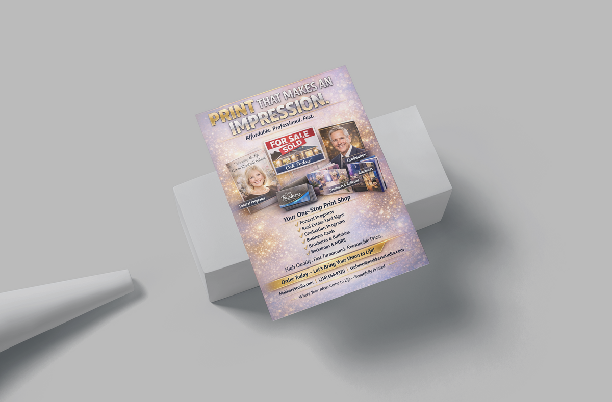 Promotional flyer for a product or service on a gray background