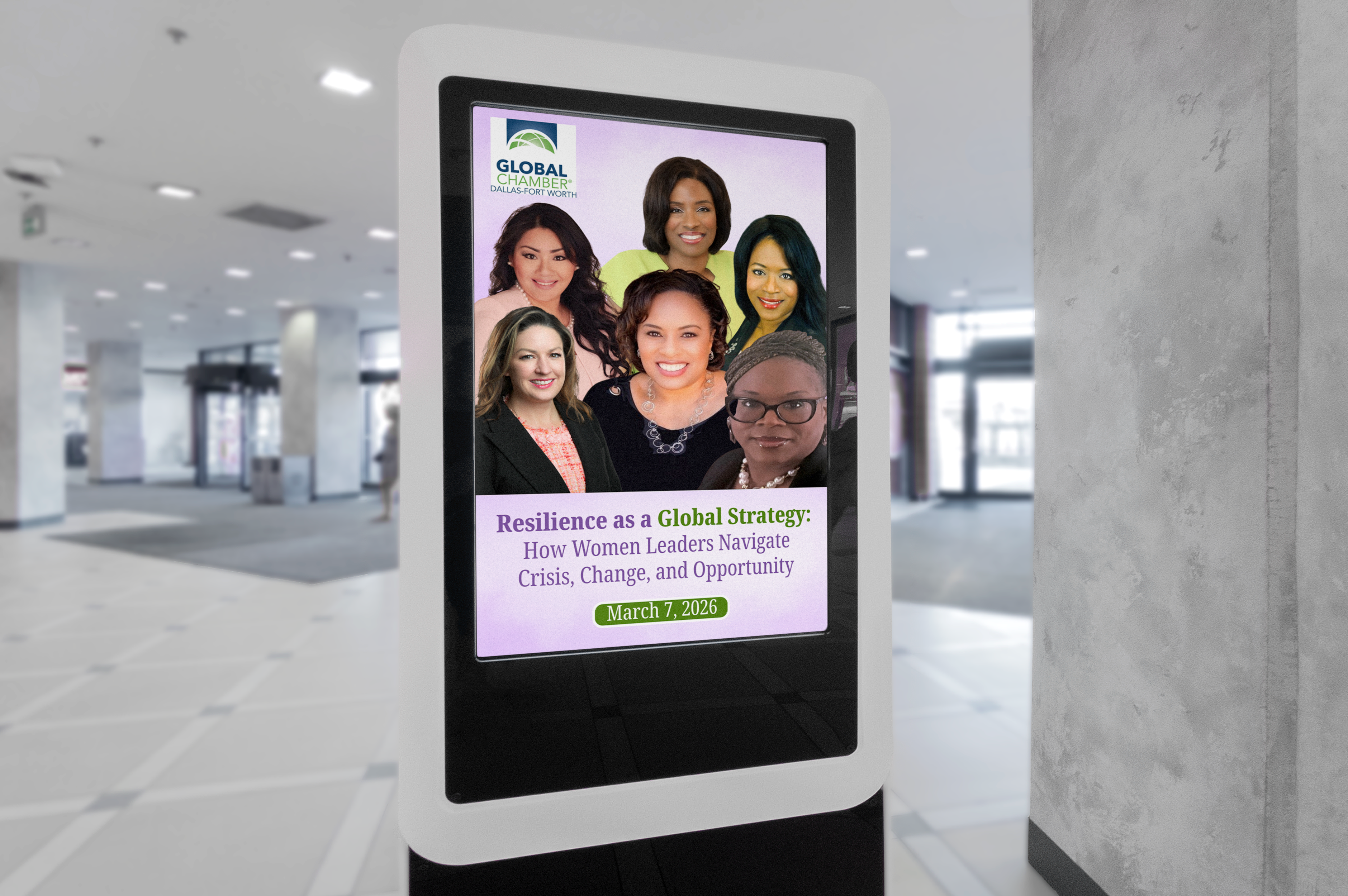 Digital display screen in a modern indoor setting with a promotional graphic for an event.