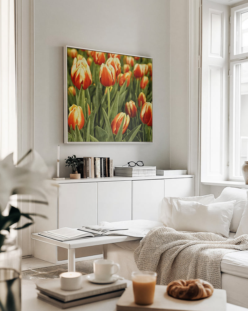 A framed wall art print of red and yellow tulips hanging above a white sideboard in a bright, modern living room with a sofa, pillows, and a blanket.