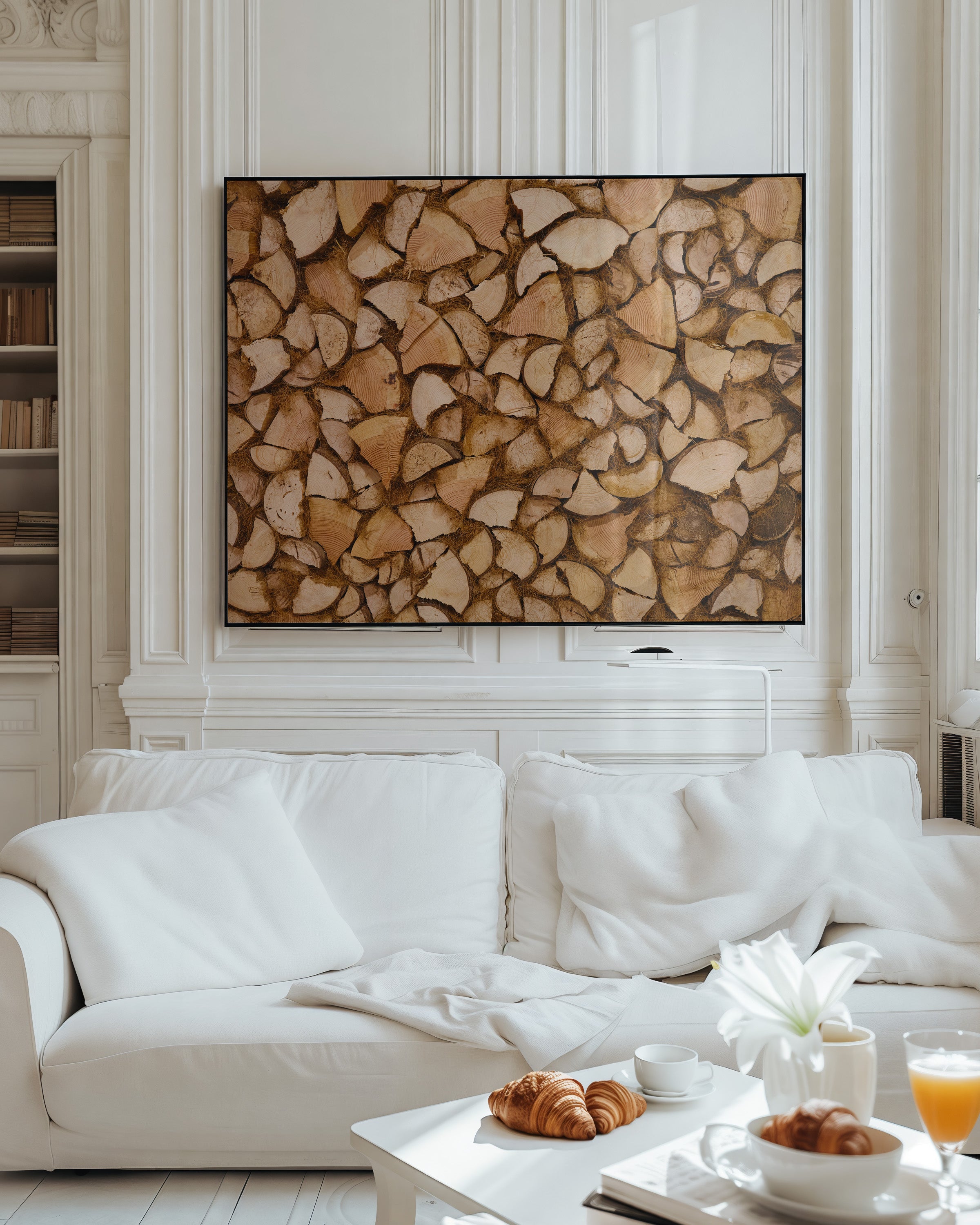 A large framed wall art piece featuring a textured pattern of stacked natural wood logs in warm tan and brown tones, displayed above a white sofa in a bright, elegant living room.