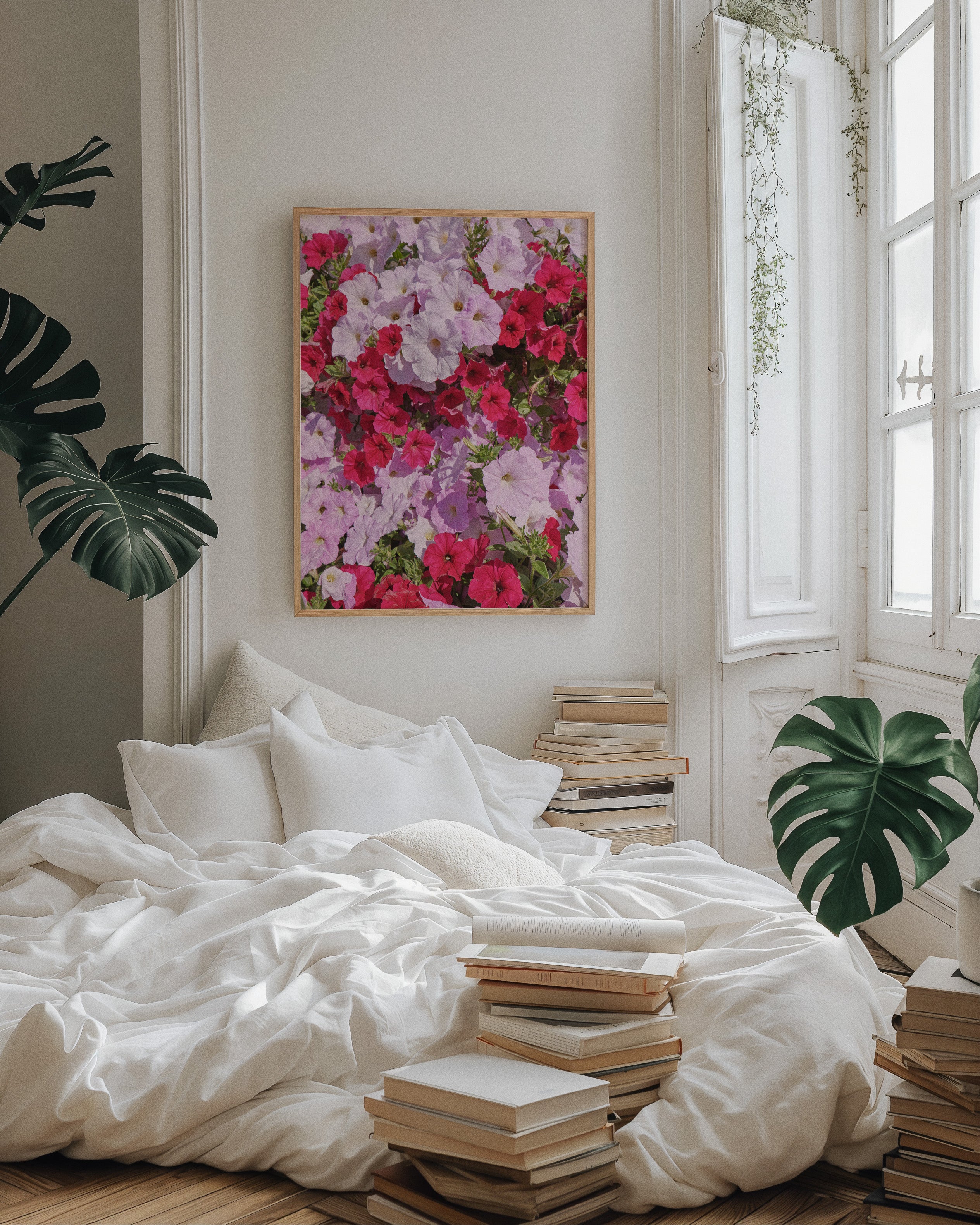 A framed floral wall art print with pink, red, and purple flowers hangs above a bed with white bedding in a bright, styled bedroom. Green houseplants and stacks of books are visible in the room.