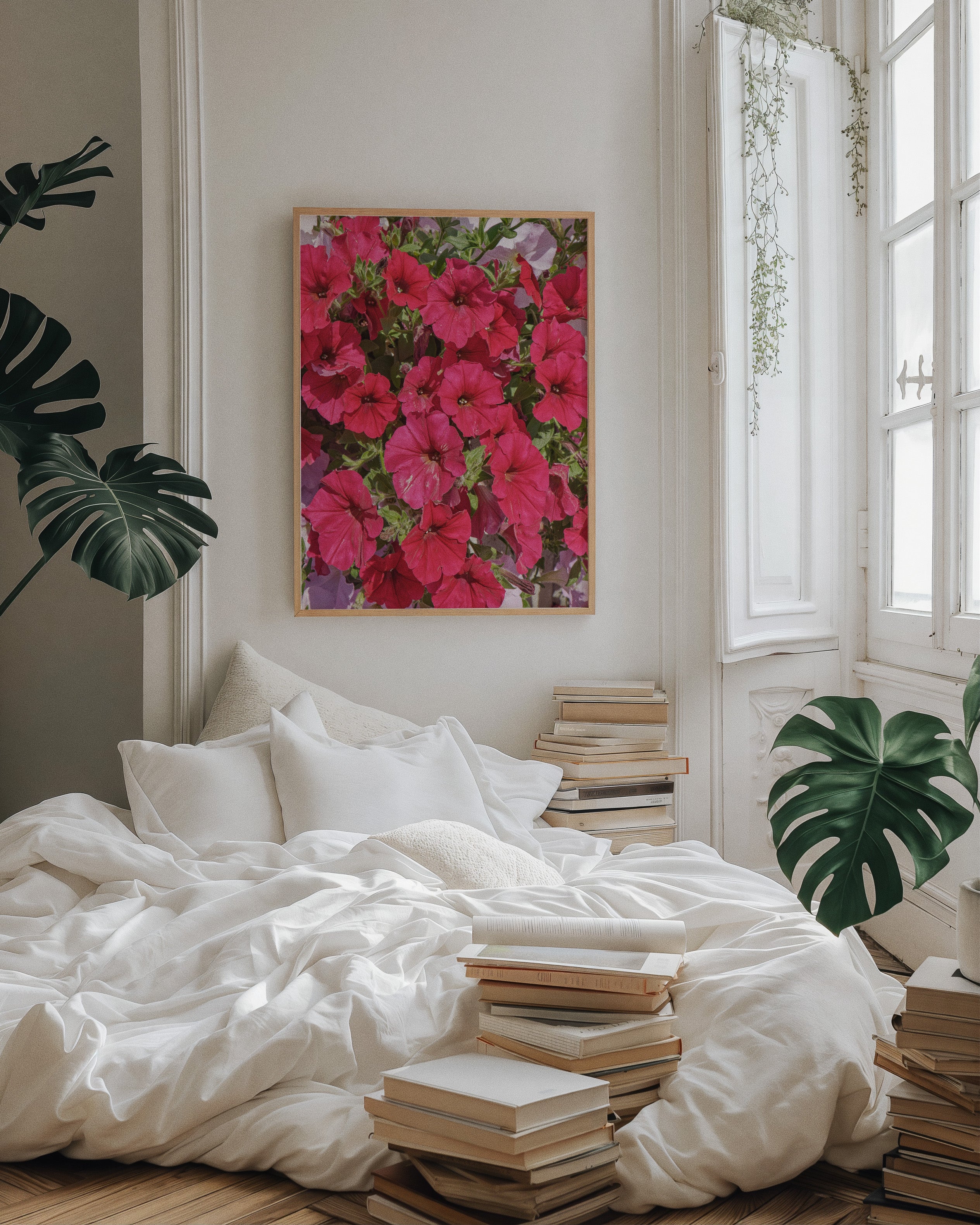 A framed floral wall art print featuring bright pink and red flowers hangs above a bed with white bedding in a softly styled bedroom with books and green plants.