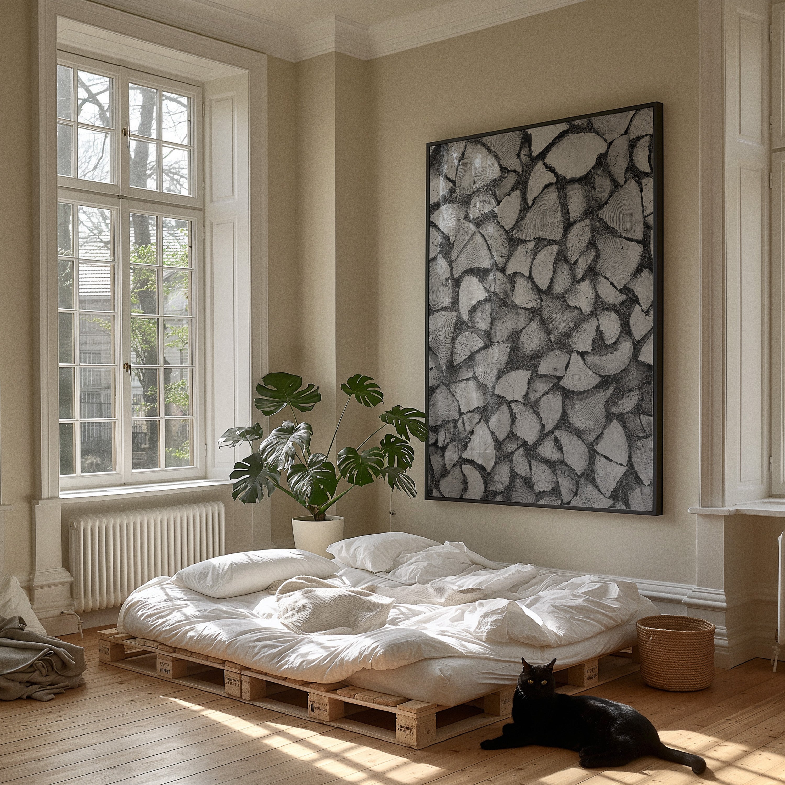 A styled bedroom corner with a bed made from wooden pallets, white bedding, a potted monstera plant, a black cat on the floor, and a large framed abstract black-and-white wall art piece above the bed.