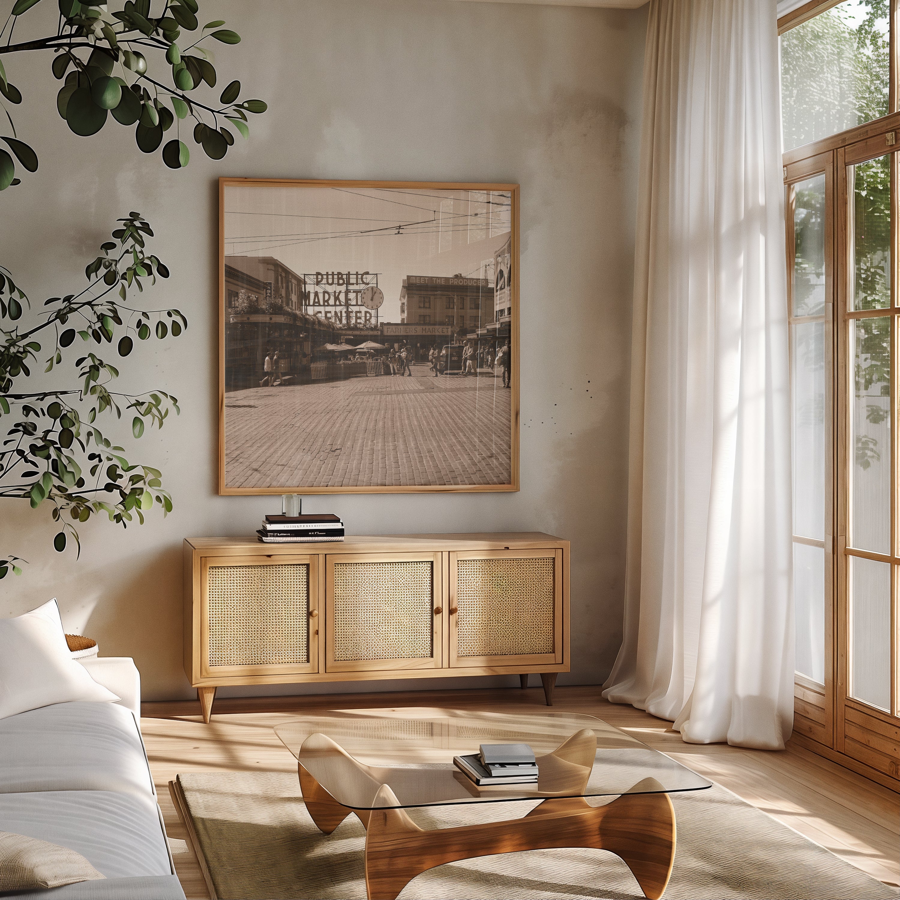 A large framed sepia-toned vintage street photograph hangs on a beige wall above a light wood sideboard in a sunlit living room with white curtains, a glass coffee table, and a sofa.