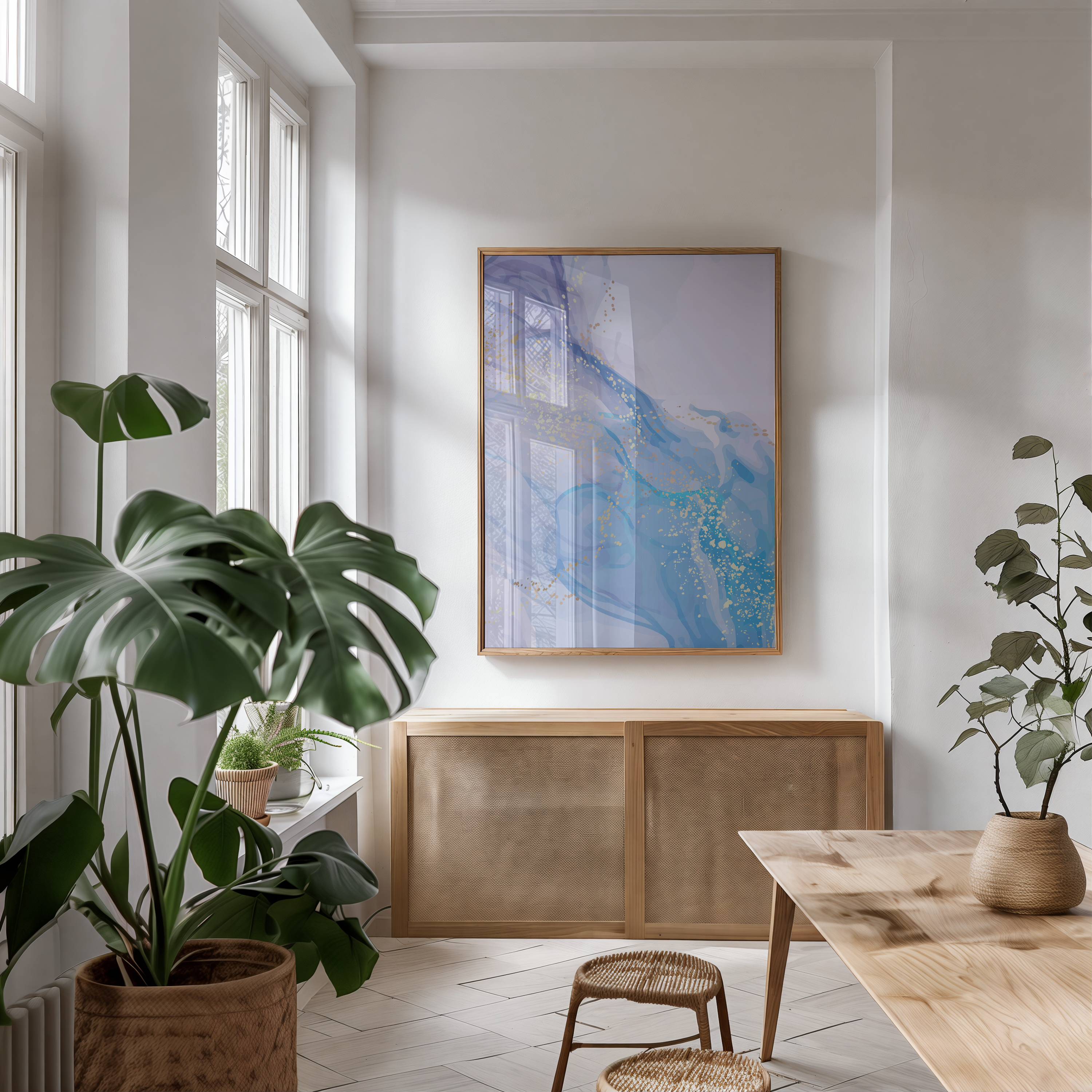 Modern living room with plants, a wooden table, and abstract art on the wall.