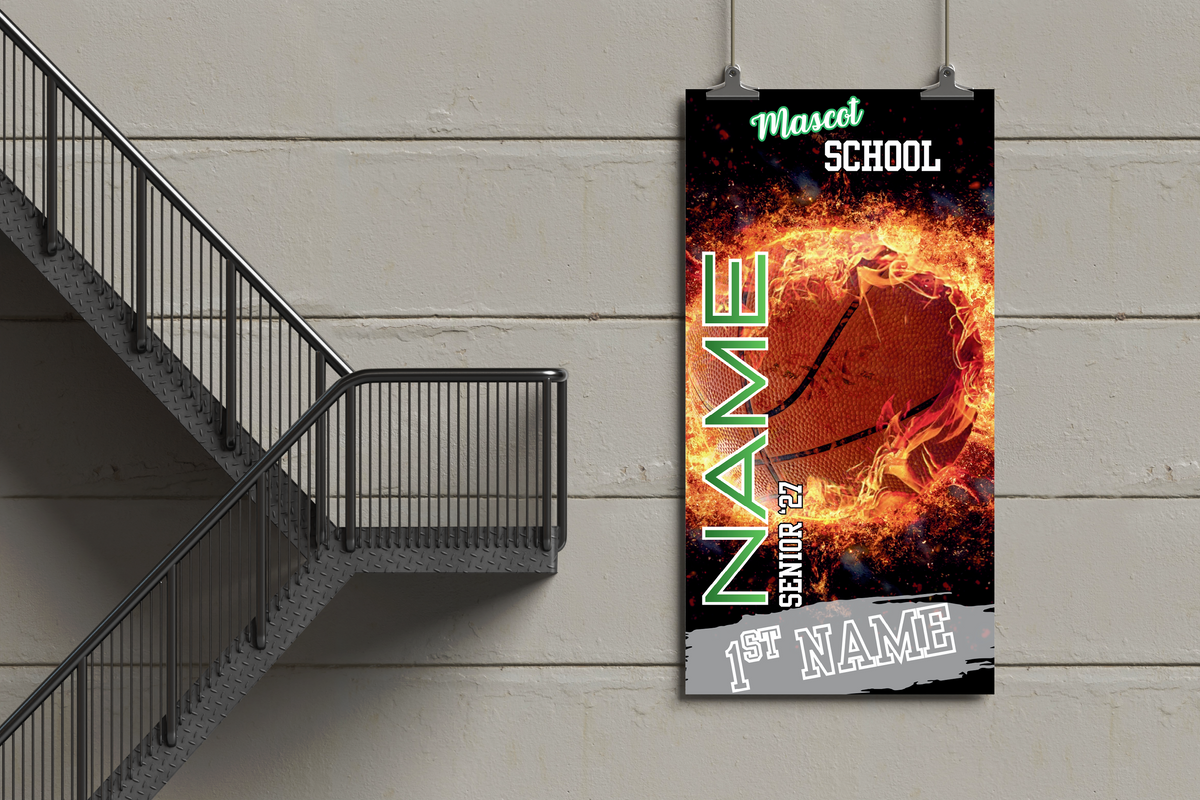 Promotional banner with a basketball design on a wall next to a staircase