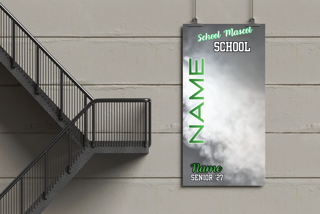 Personalized school sign with name and class year on a wall next to a staircase