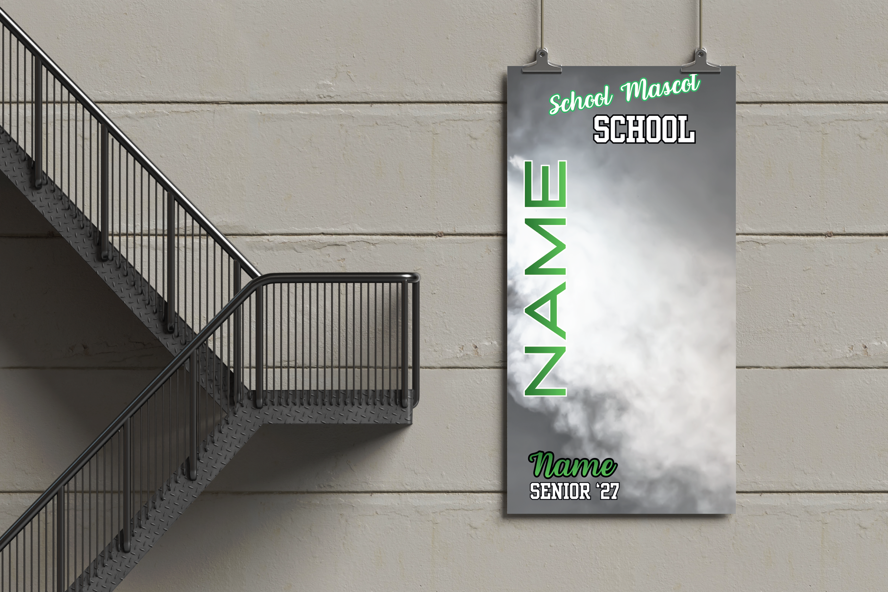 Personalized school sign with name and class year on a wall next to a staircase