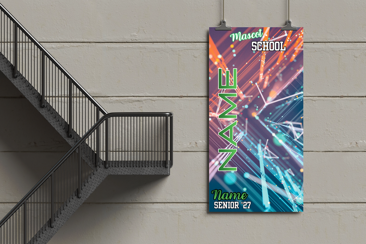 Personalized banner with colorful design and text hanging on a wall next to a staircase.
