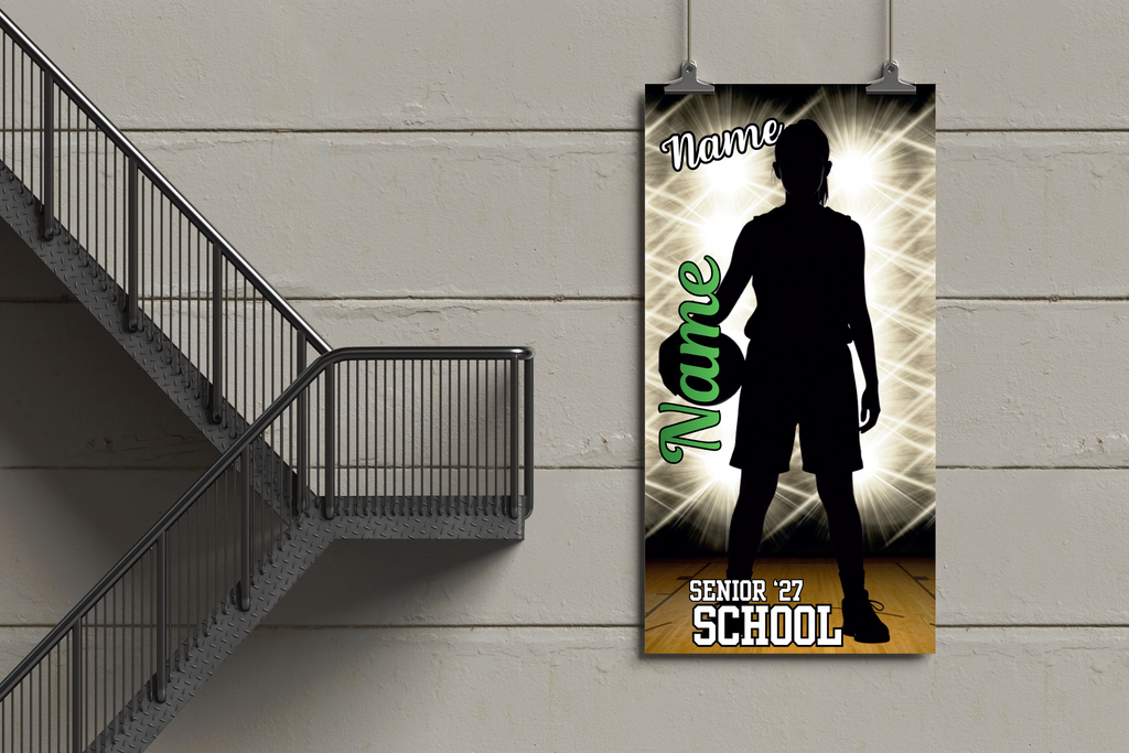 Promotional banner with a silhouette of a person holding a diploma against a light gray wall.