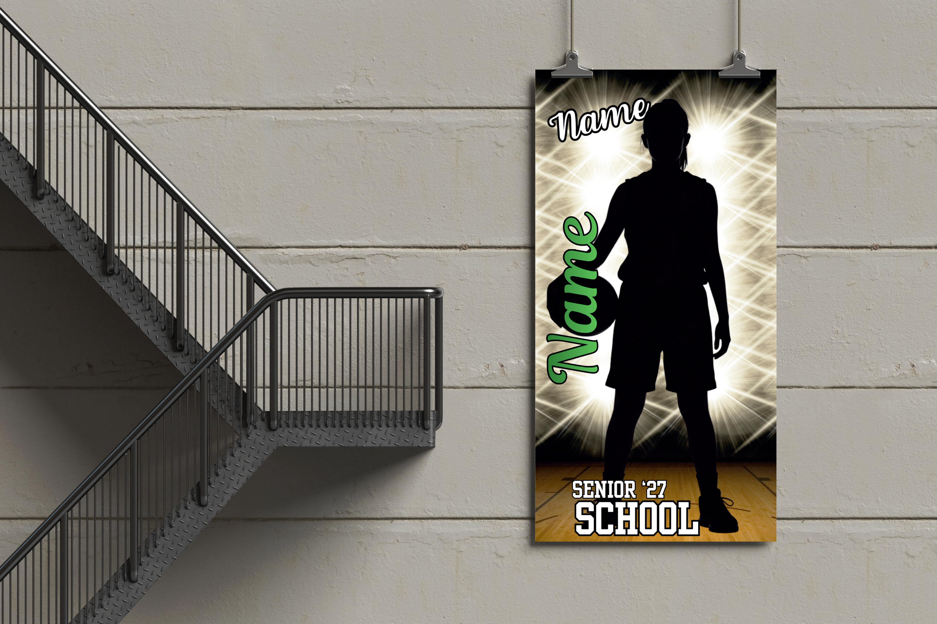 Promotional banner with a silhouette of a person holding a diploma against a light gray wall.