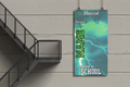 Customizable banner with 'Mascot Name' and 'Senior '27 School' text on a green and blue lightning design against a concrete wall.