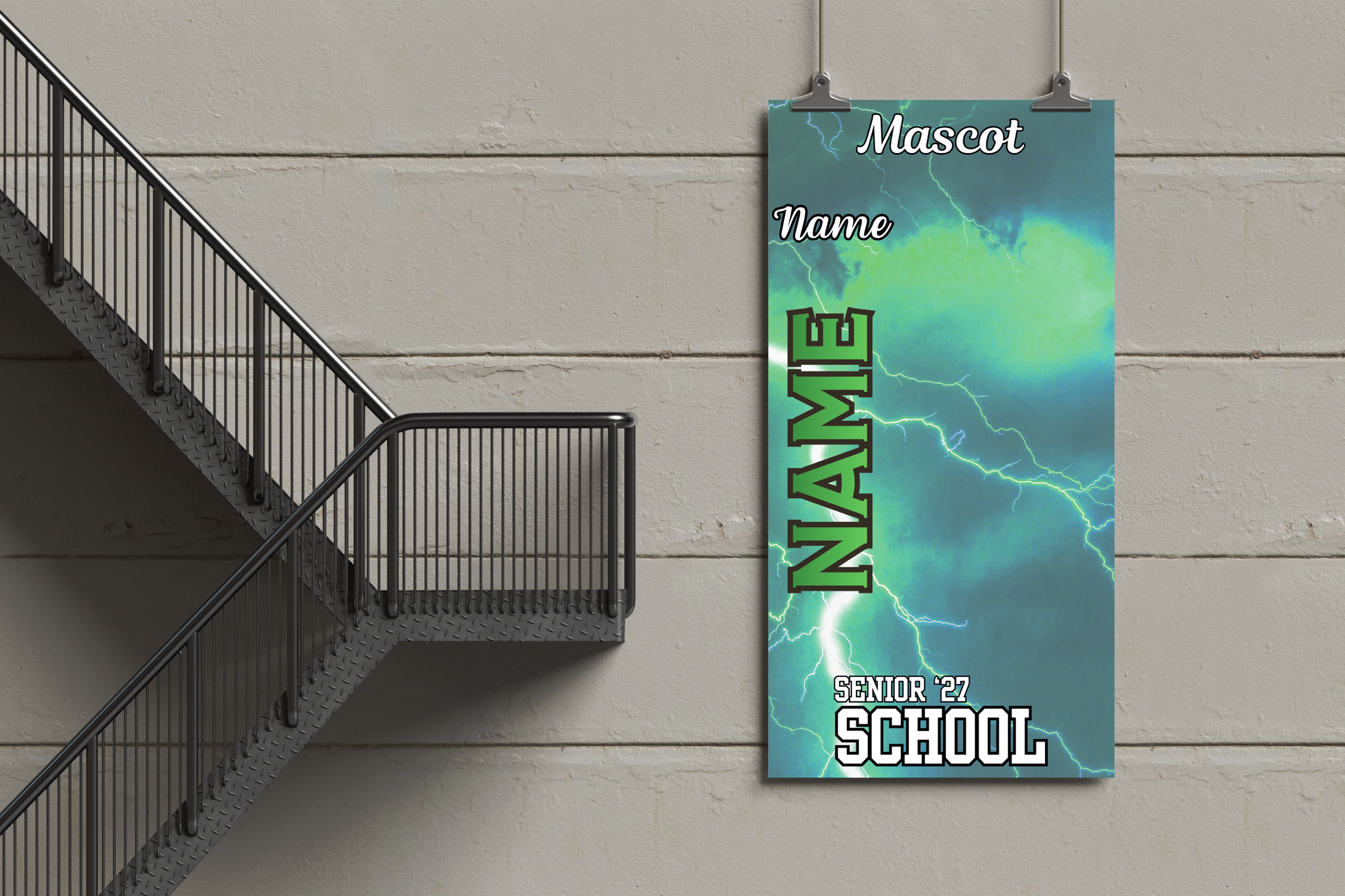 Customizable banner with 'Mascot Name' and 'Senior '27 School' text on a green and blue lightning design against a concrete wall.