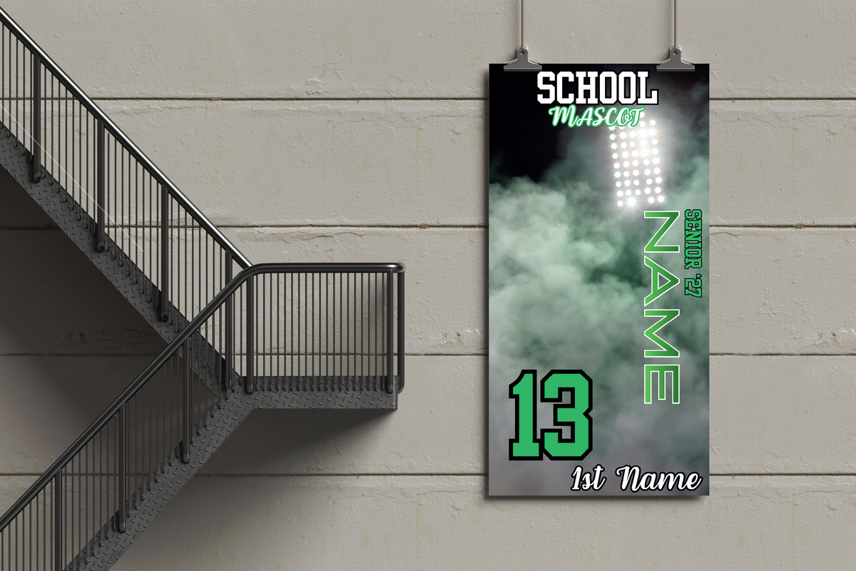 Customizable sports banner with stadium lights and text on a wall next to a staircase