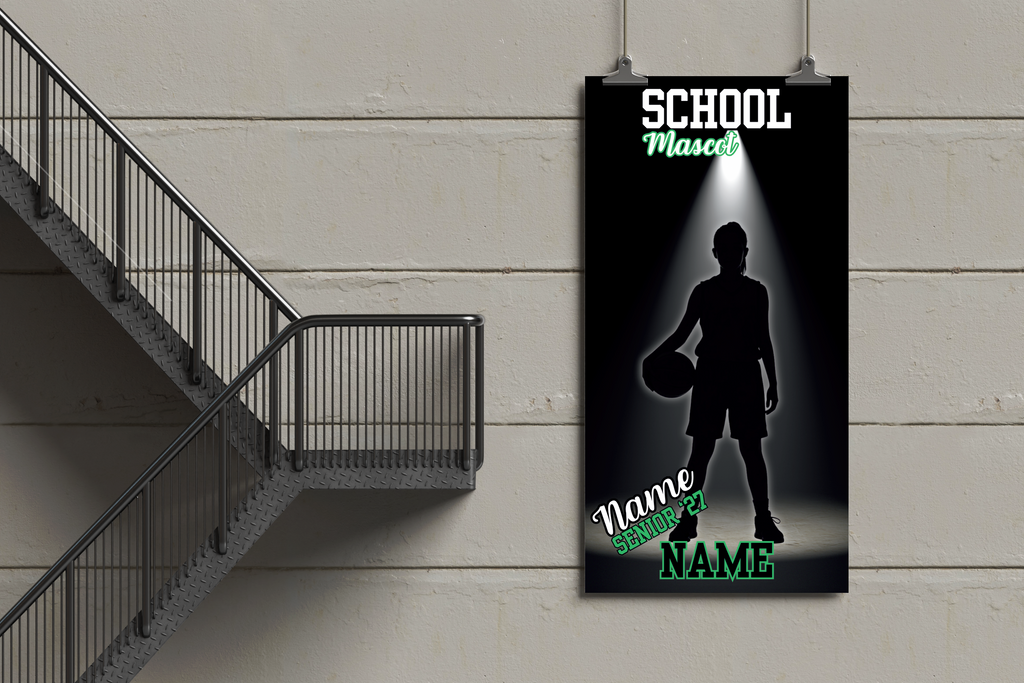 Silhouette of a person with a basketball against a black background with text on a wall next to a staircase.