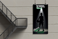 Silhouette of a person with a basketball against a black background with text on a wall next to a staircase.