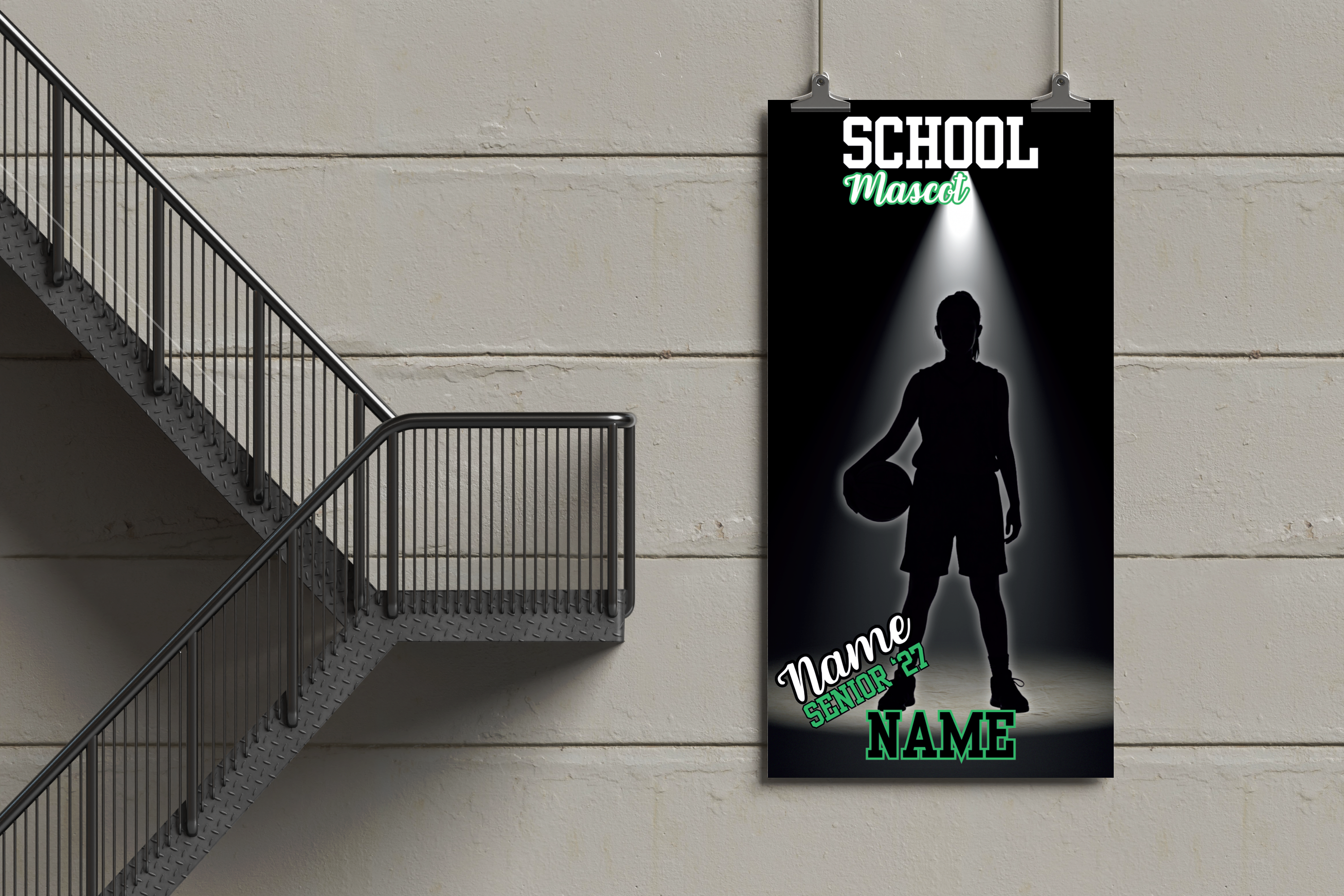 Silhouette of a person with a basketball against a black background with text on a wall next to a staircase.