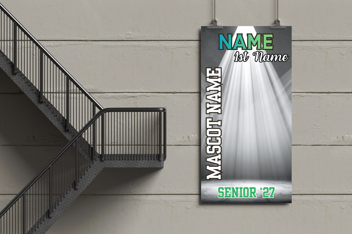 Customizable banner with name and mascot text on a gray background