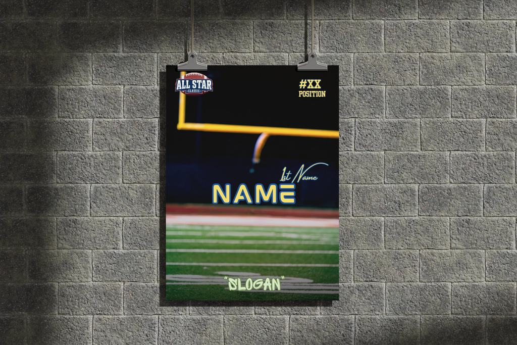 Personalized sports jersey display with customizable text on a brick wall background