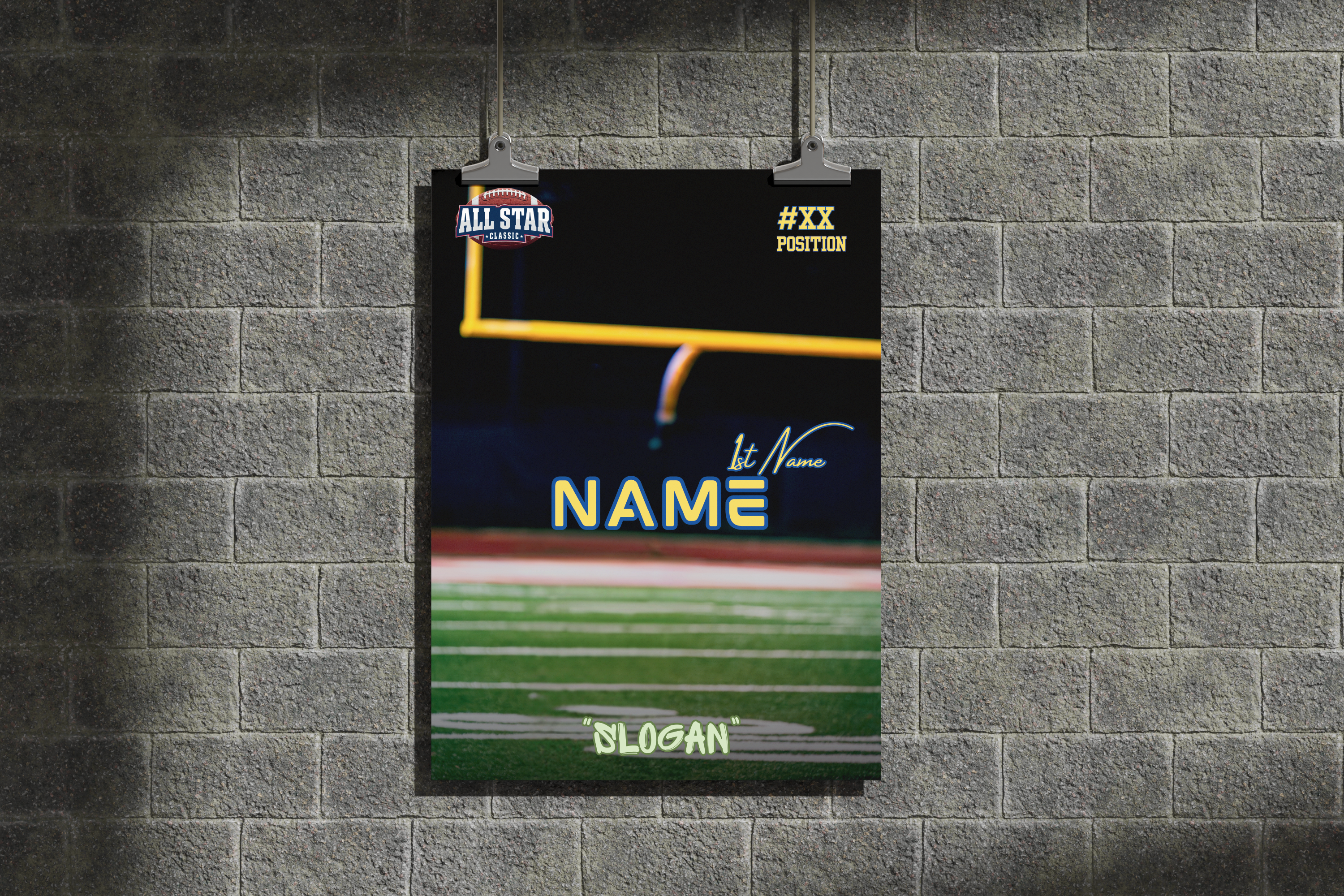 Personalized sports jersey display with customizable text on a brick wall background