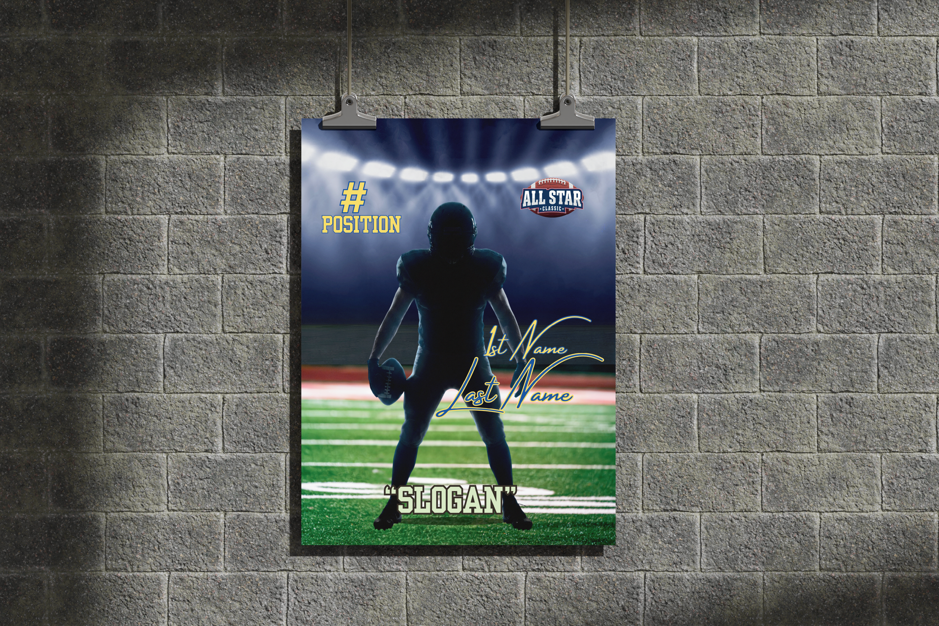 Customizable sports poster with a player silhouette on a field, customizable text, and All-Star logo.