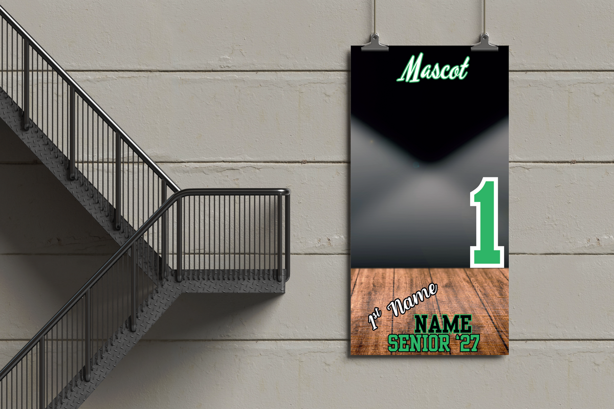 Promotional poster with 'Mascot', number '1', and text 'Name Senior '27' on a wooden background, hanging on a wall.