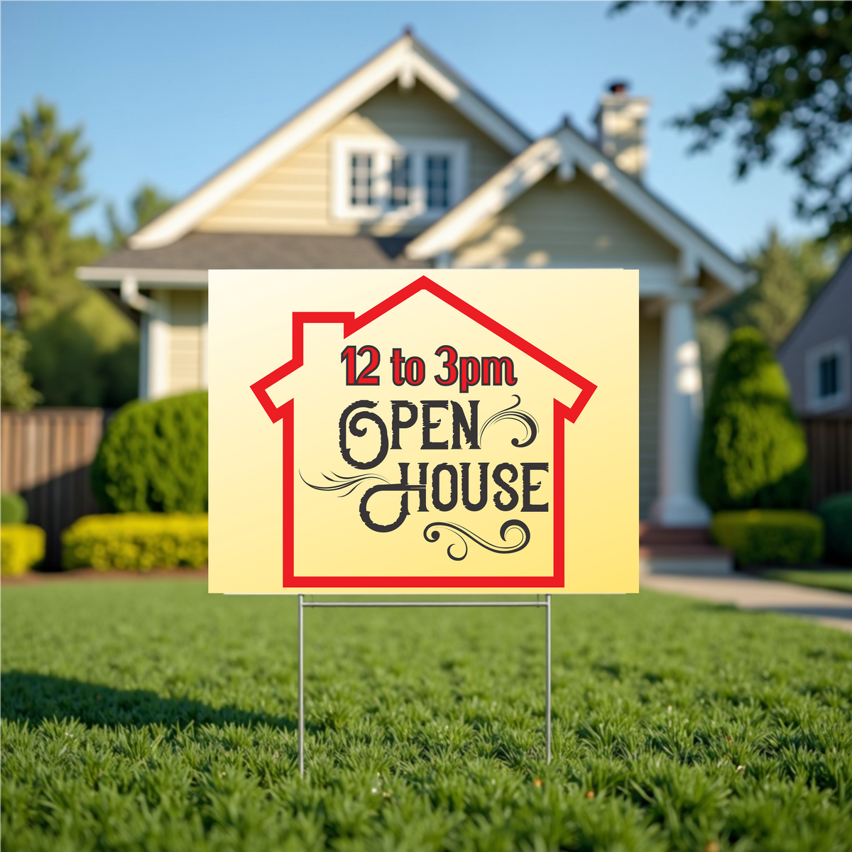 Open house sign in front of a house with a clear blue sky.
