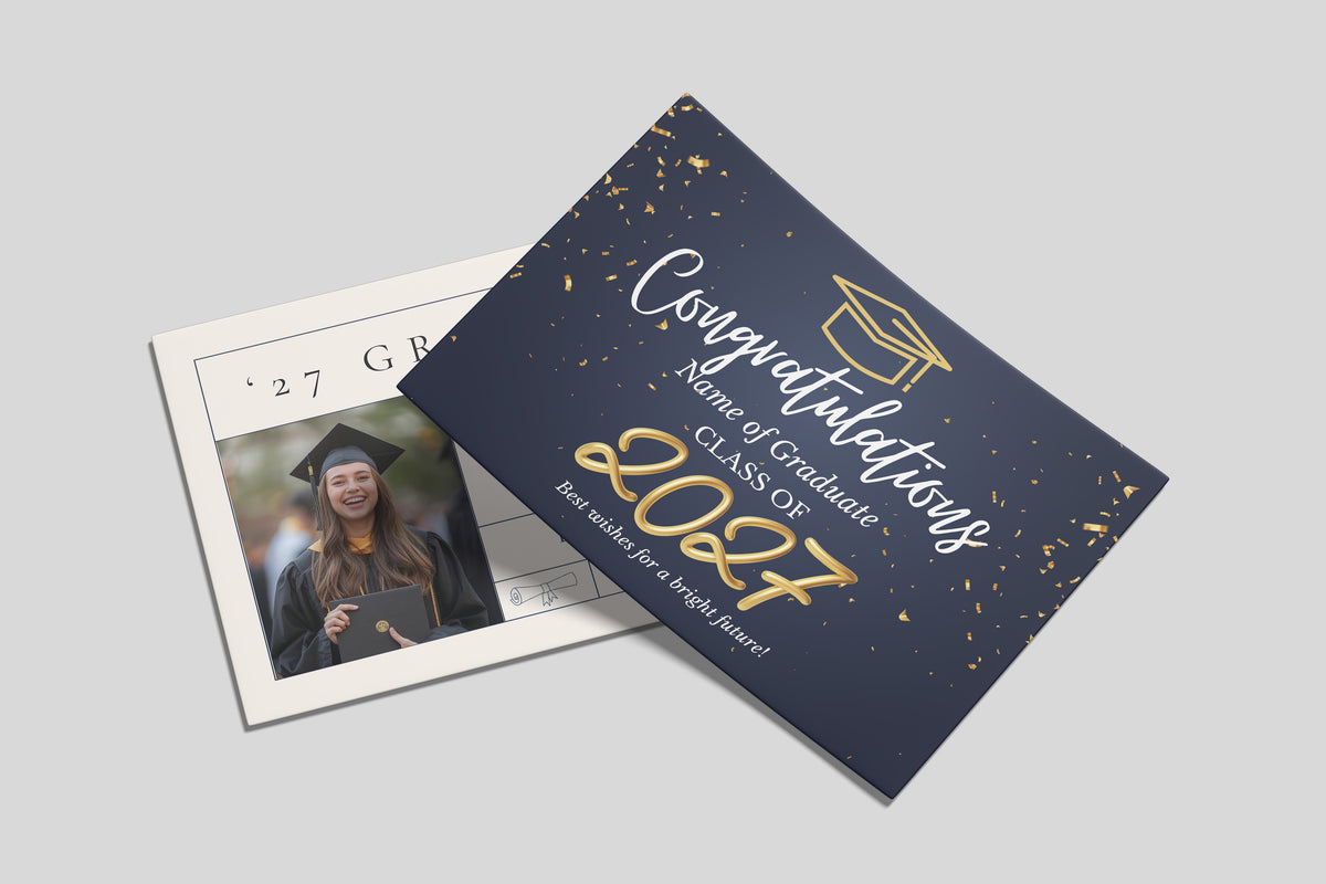 A graduation certificate card with a navy blue background, gold confetti, and gold script text reading 'Congratulations Name of Graduate Class of 2027' is shown overlapping a white certificate insert with a photo of a graduate on a light gray background.