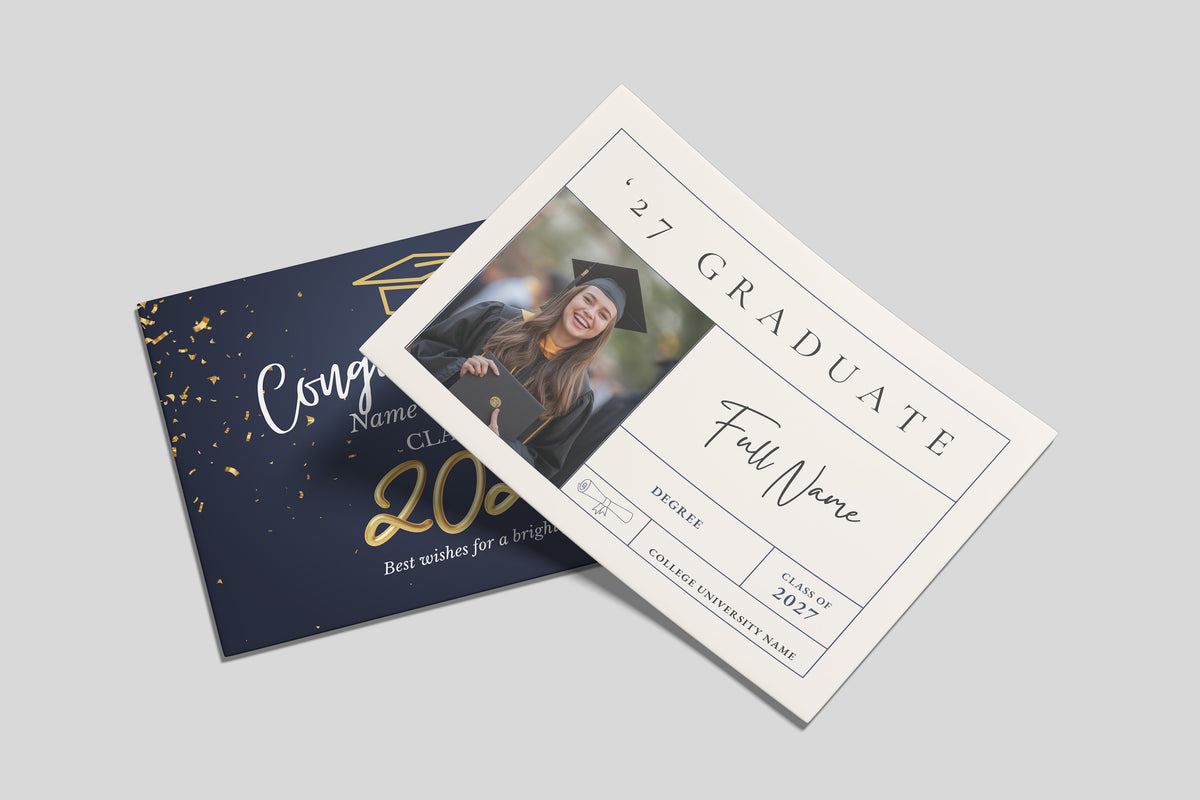 Two graduation-themed cards shown on a light gray background: one navy card with gold confetti and gold lettering, and one cream ticket-style card with a photo of a graduate in a cap and gown and black text.