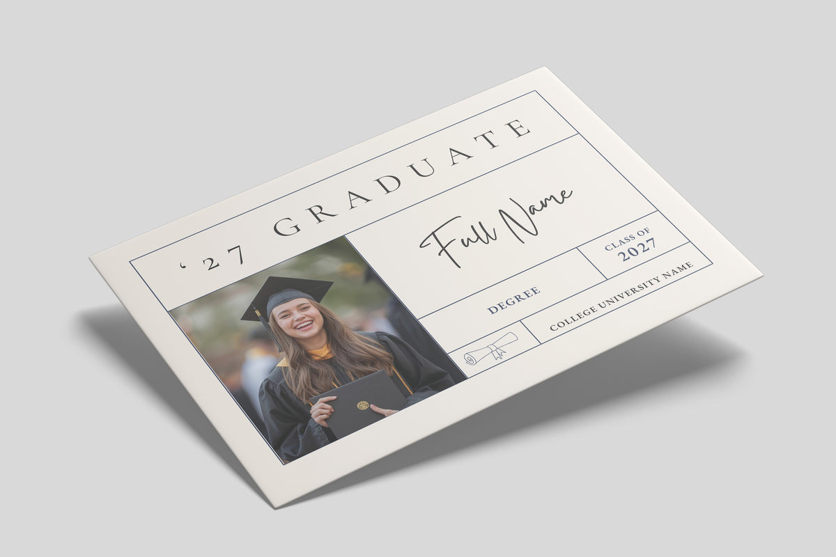 A mockup of a custom printed graduation diploma card, angled on a light gray background. The card features a cream-colored background with elegant black typography for '27 GRADUATE' and 'Full Name', a placeholder photo of a smiling graduate in a cap and gown, and fields for degree, class year, and college/university name.