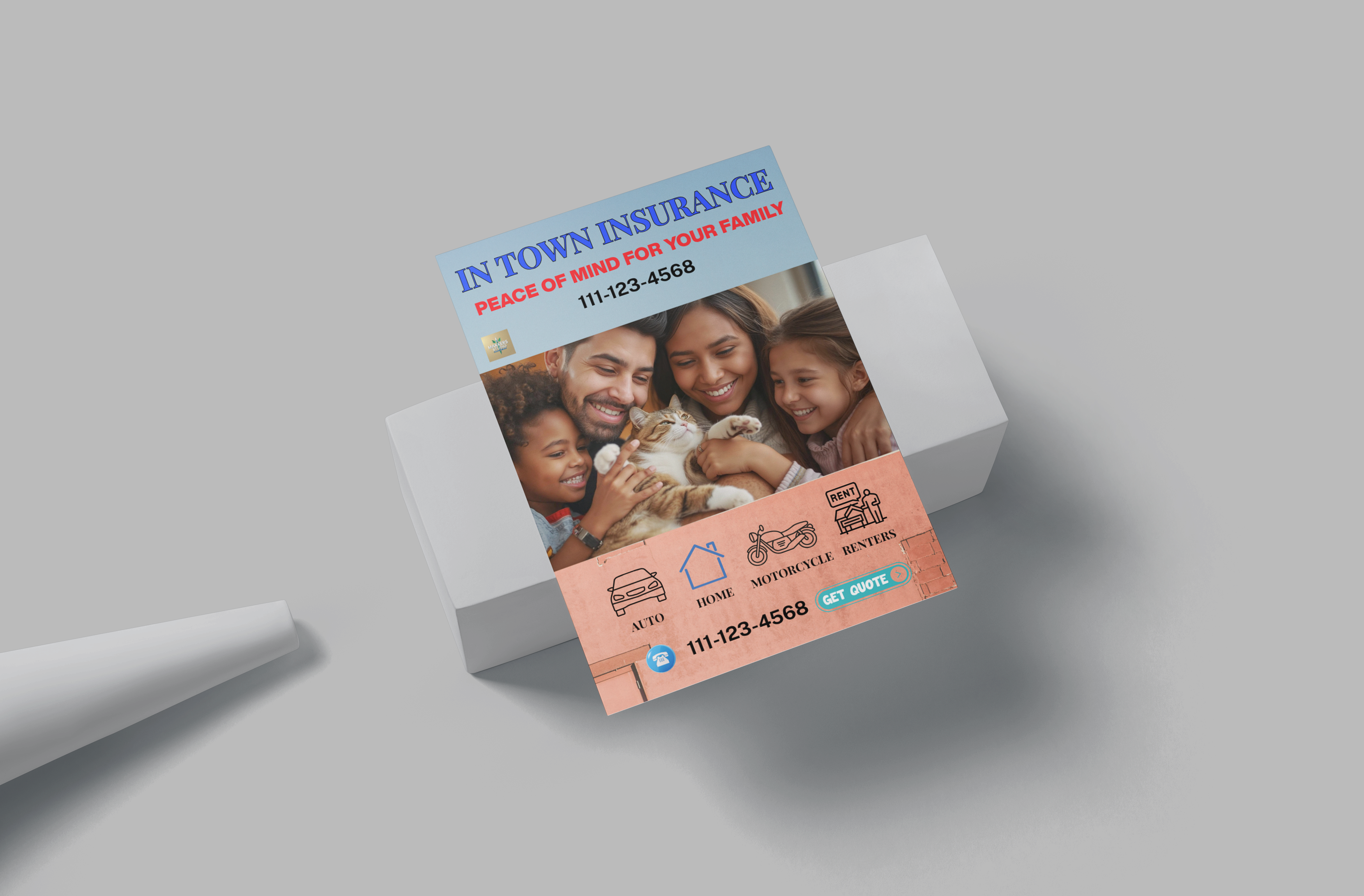 In-town Insurance business card with family photo on a gray background
