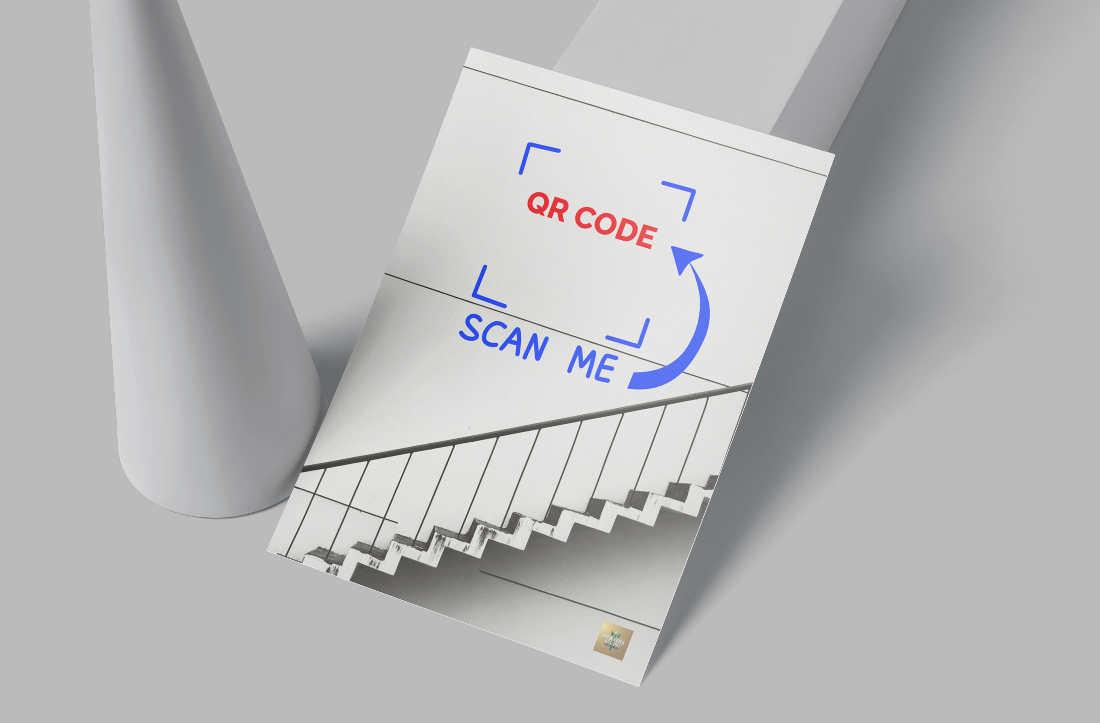 Card with QR Code and 'Scan Me' text on a gray background