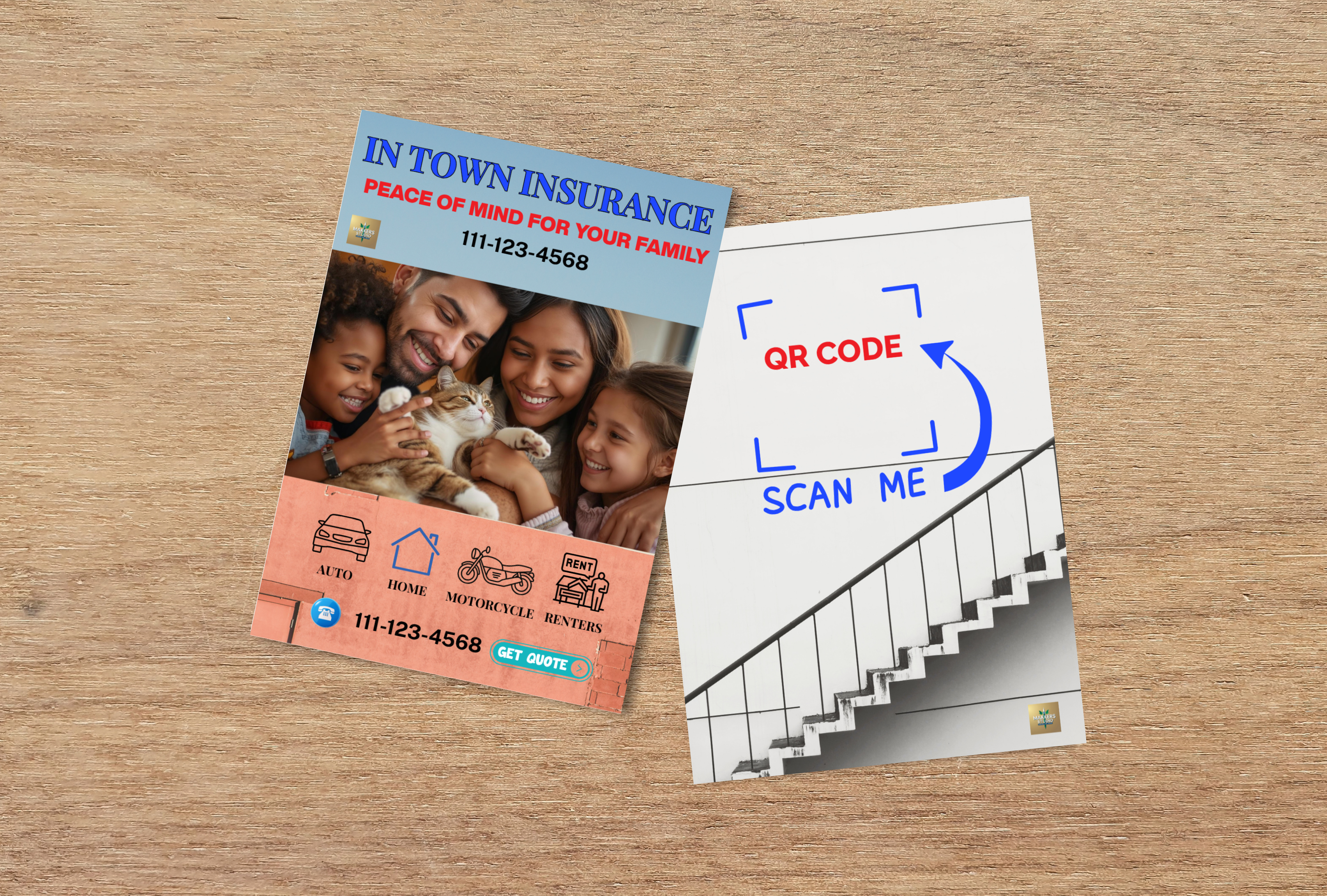 Promotional materials for In Town Insurance on a wooden surface