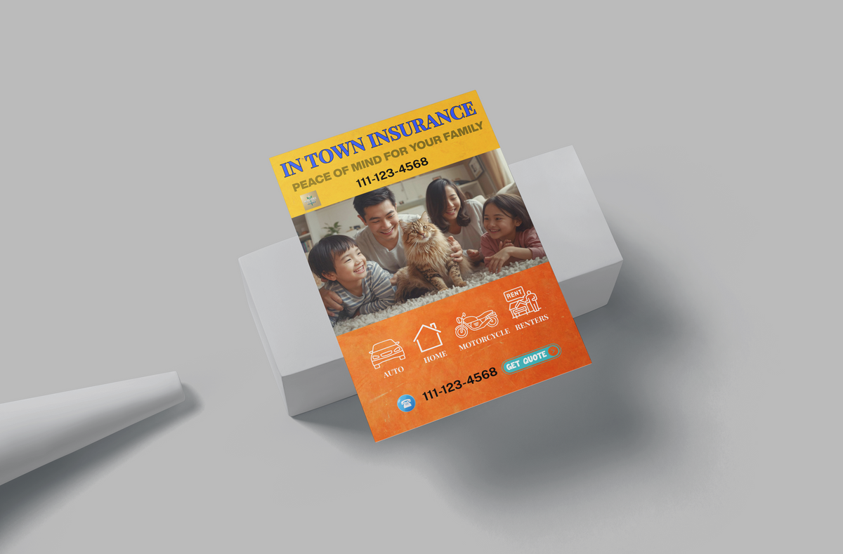 In-town Insurance flyer with family and pet on a gray background