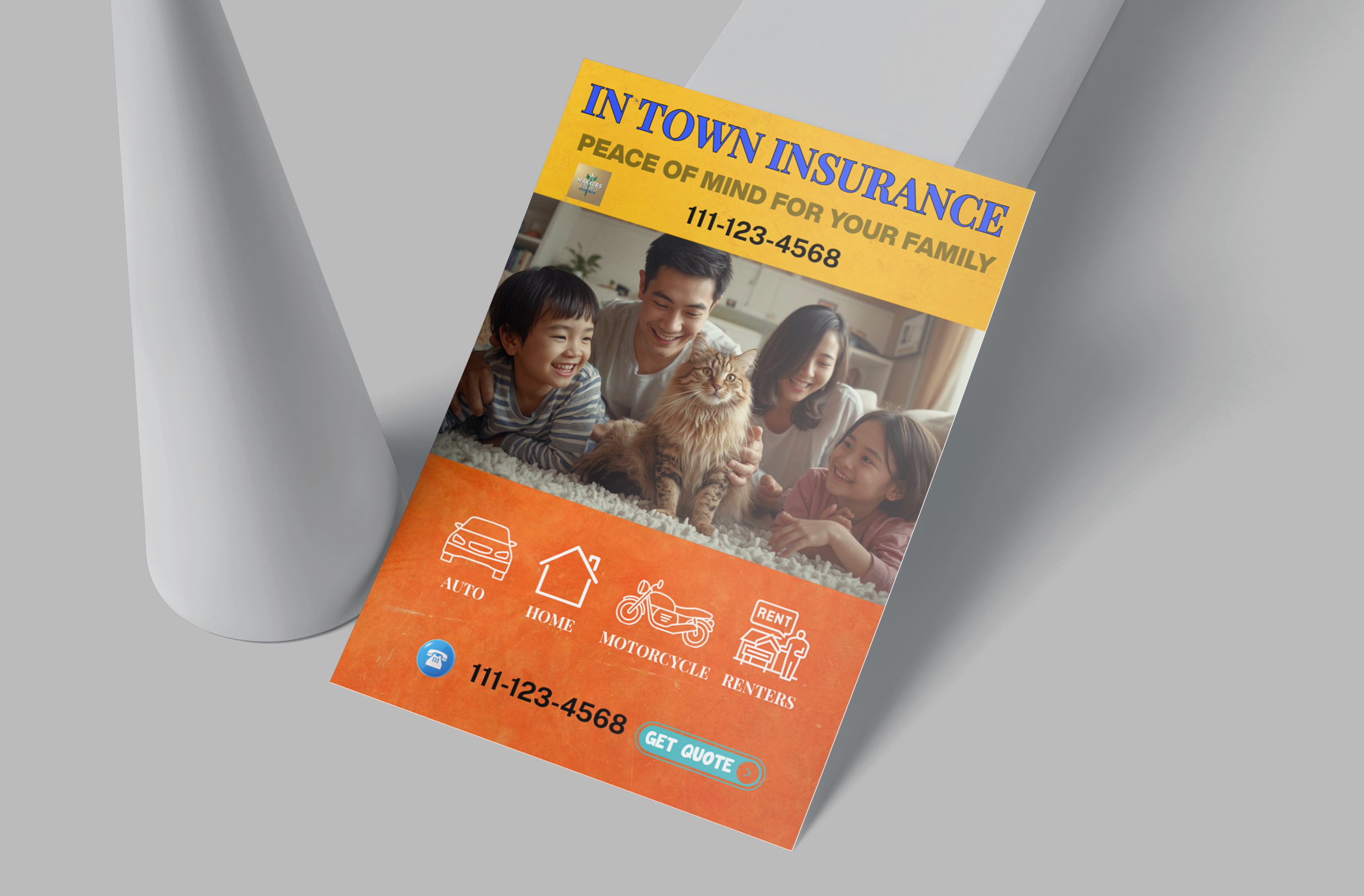 In Town Insurance flyer with family and pet on a gray background