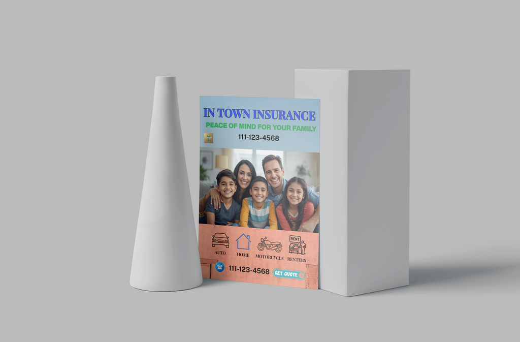 In-town Insurance flyer with family photo on a gray background