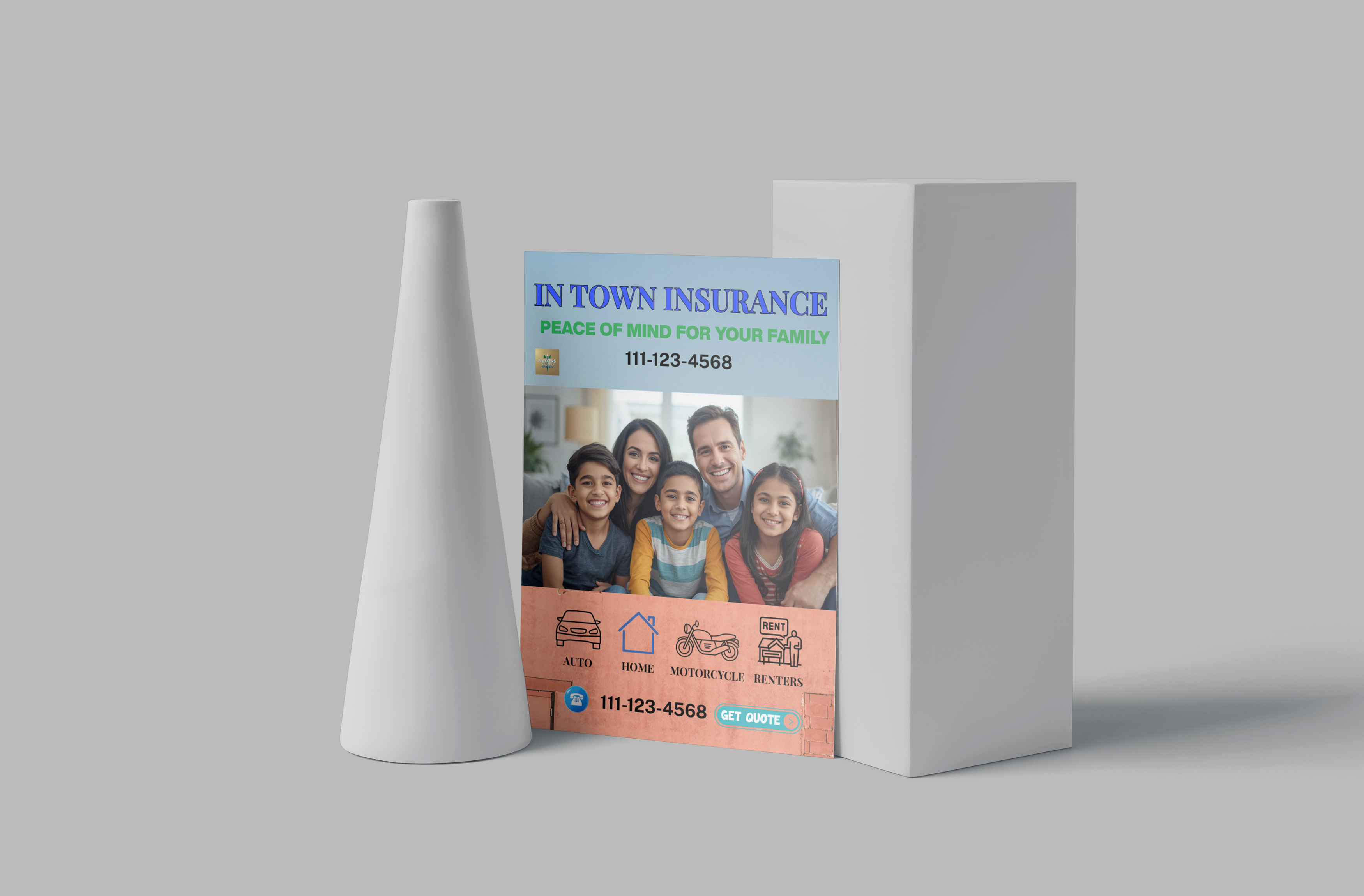 In-town Insurance flyer with family photo on a gray background