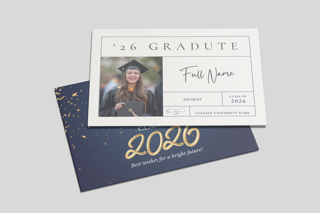 Graduation-themed card with a photo of a graduate and text for personalization on a gray background.