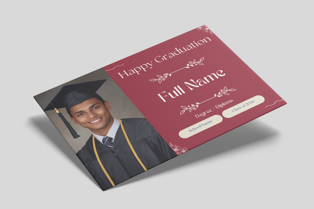 Graduation-themed card with a photo of a graduate on a red background