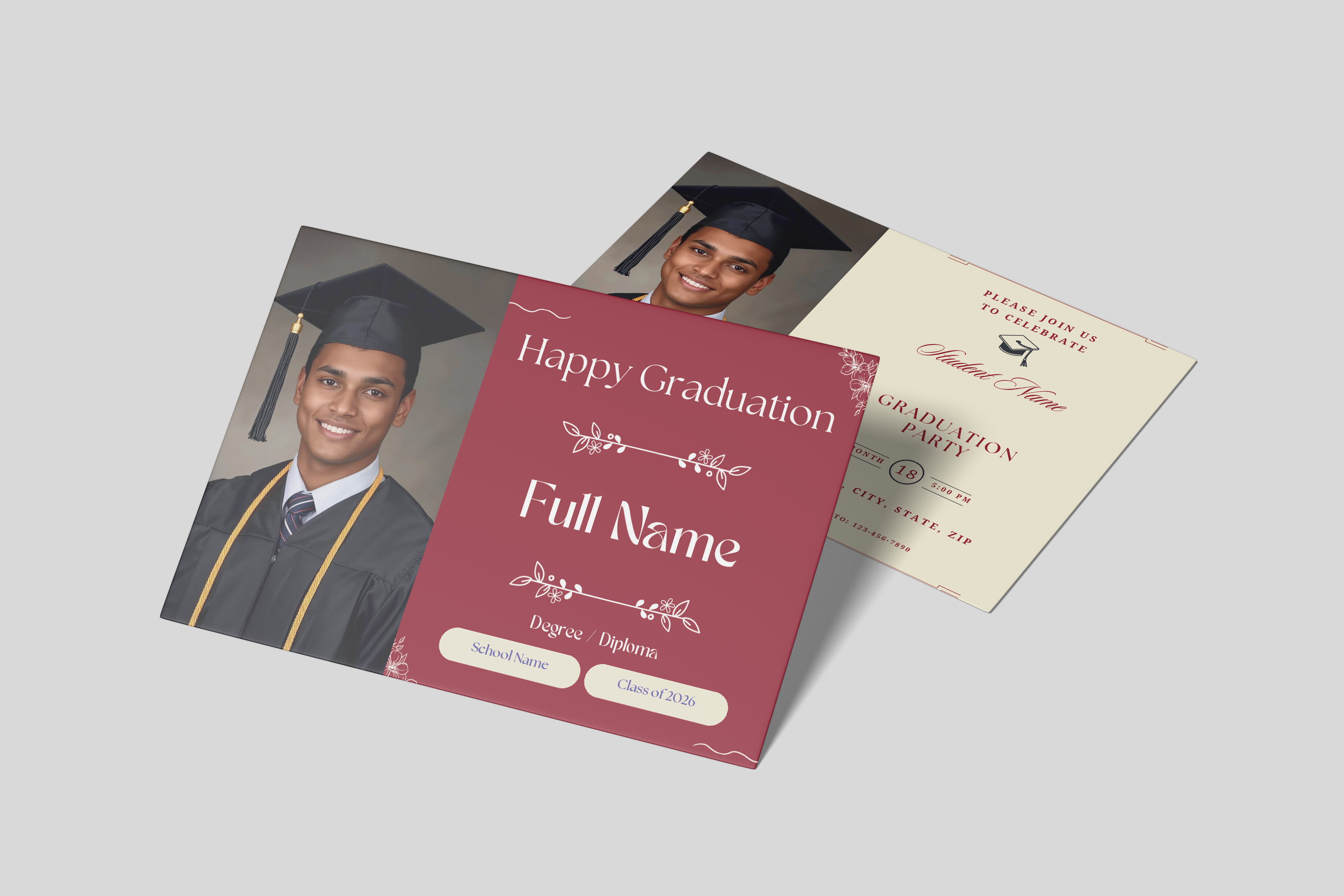 Graduation-themed card with a photo of a graduate on a gray background