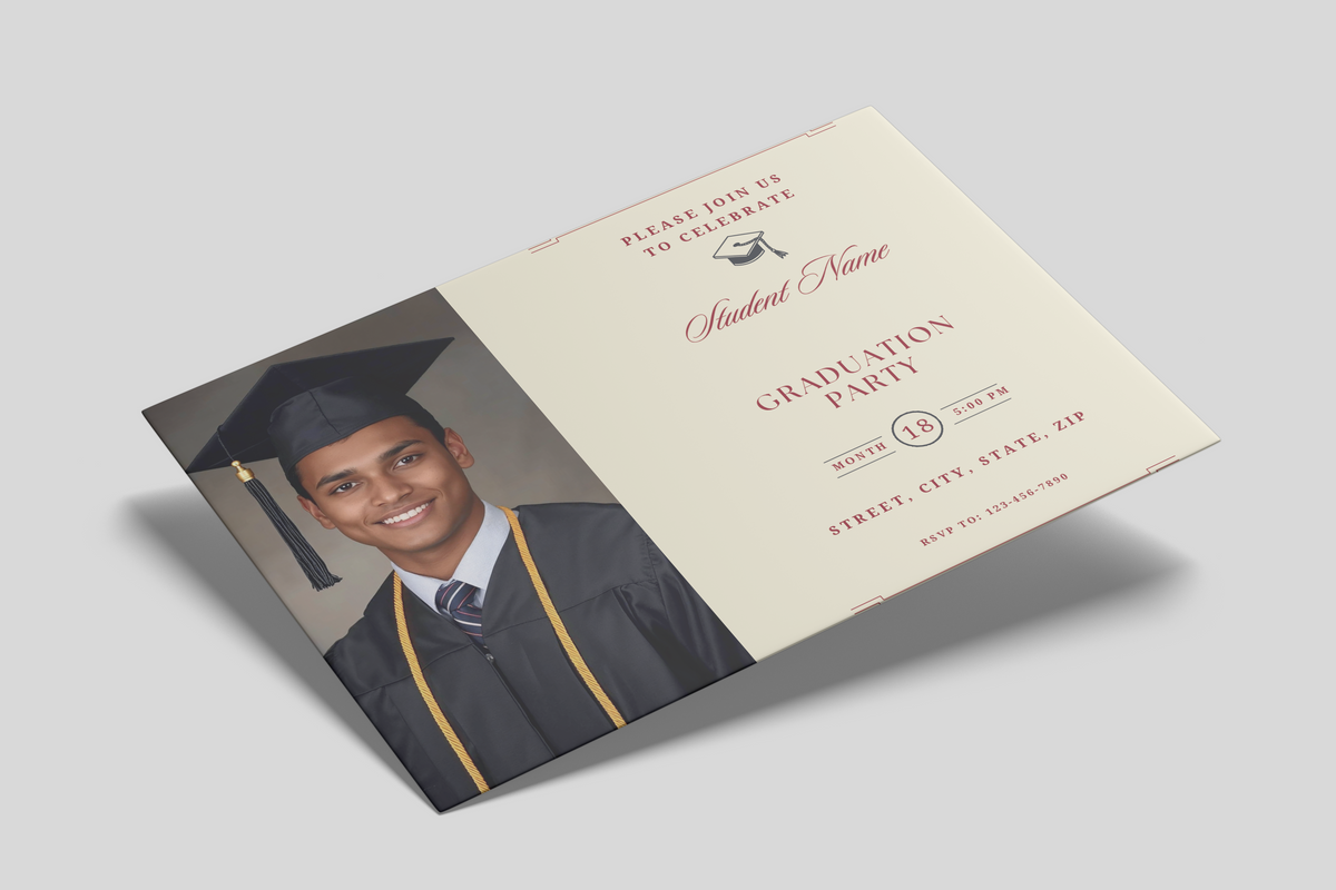 Graduation party invitation with a photo of a graduate on a light gray background