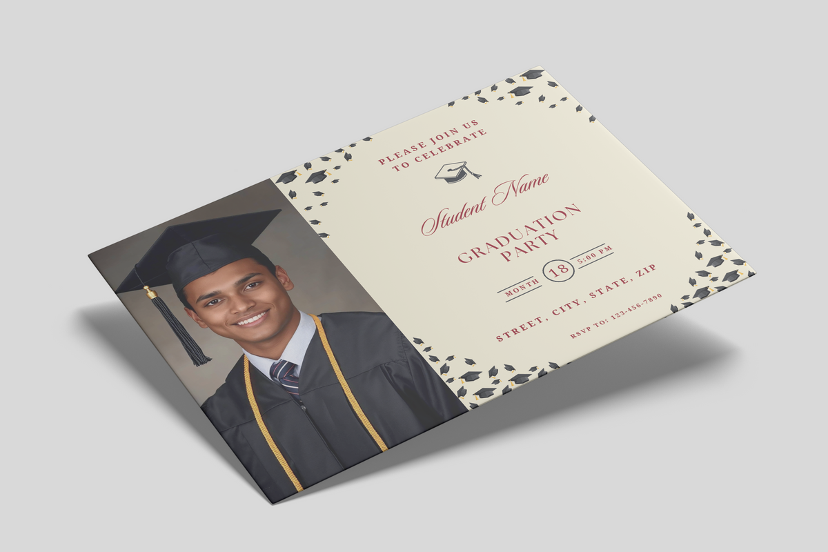 Graduation party invitation with a photo of a graduate on a light gray background